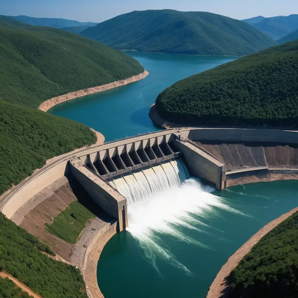 A dam releasing water into a river surrounded by lush green forested mountains.