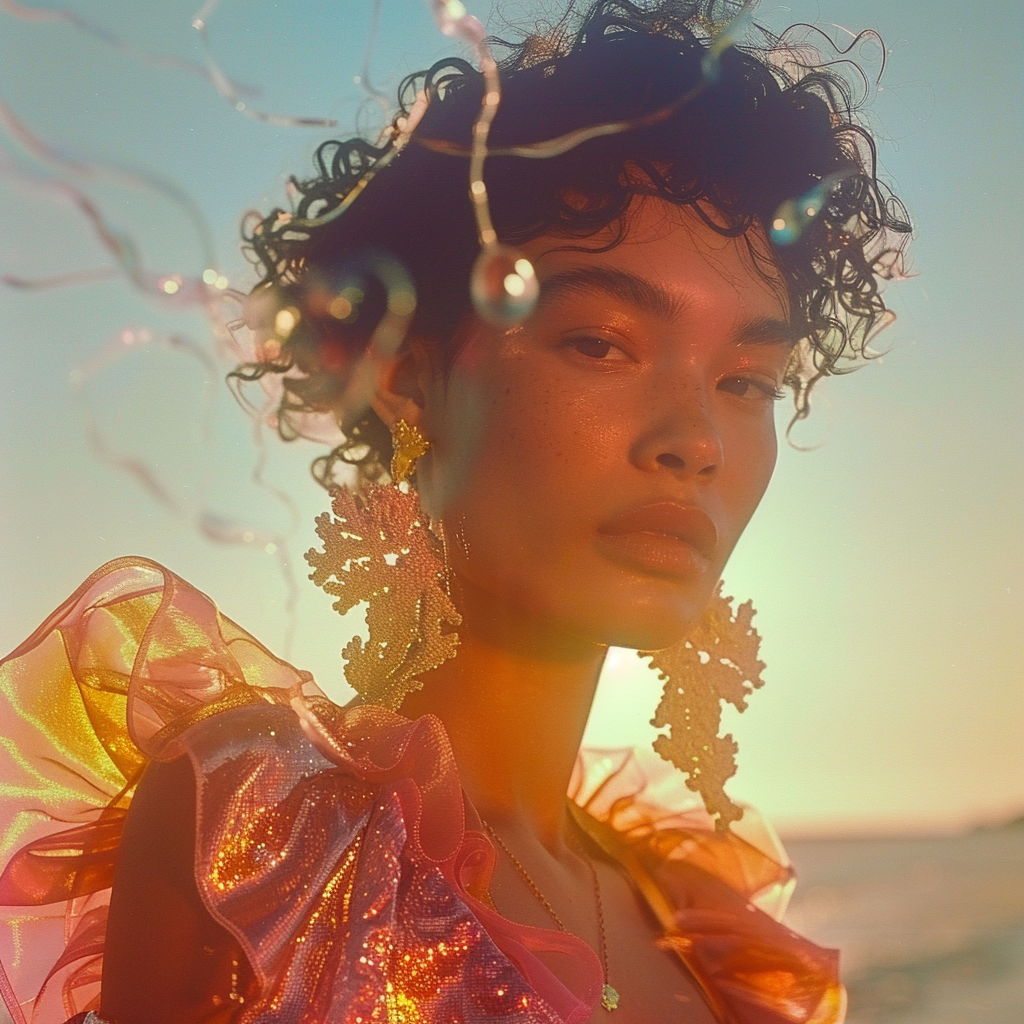 A woman with curly hair and tan skin stands outdoors at sunset, wearing iridescent ruffled clothing, large star-shaped earrings, and seashell-shaped earrings, with the ocean in the background.