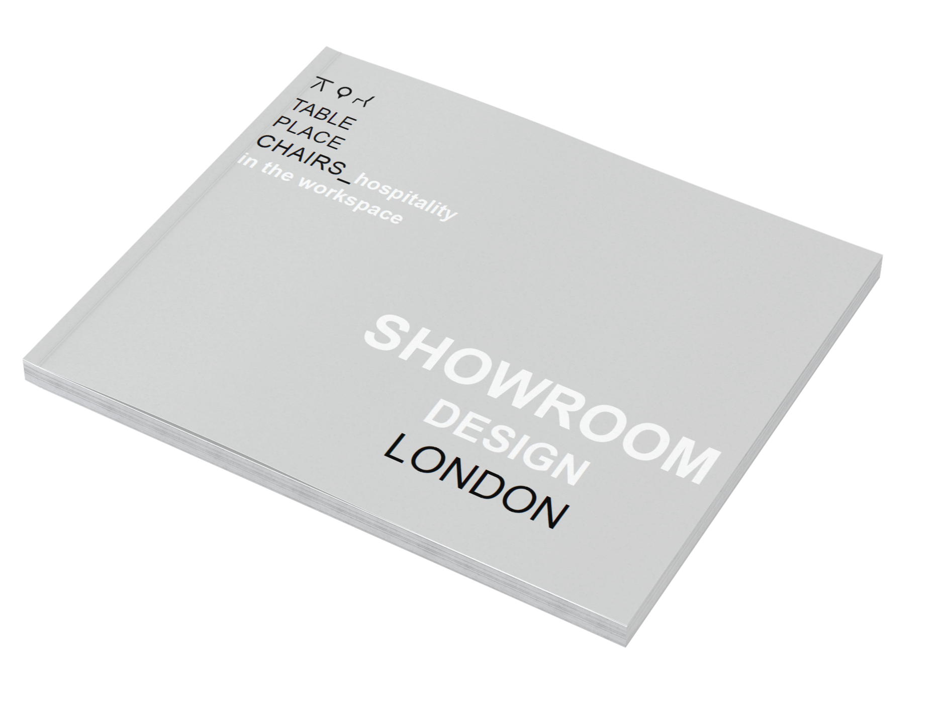 Design brochure for showroom display from London with titles 'Table,' 'Place,' and 'Chairs' at the top, and 'Showroom Design London' in large text in the center.