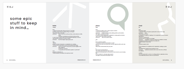 A four-page document with headers titled 'table,' 'place,' and 'chair,' discussing topics related to these objects, and including some introductory text about 'epic stuff to keep in mind.'