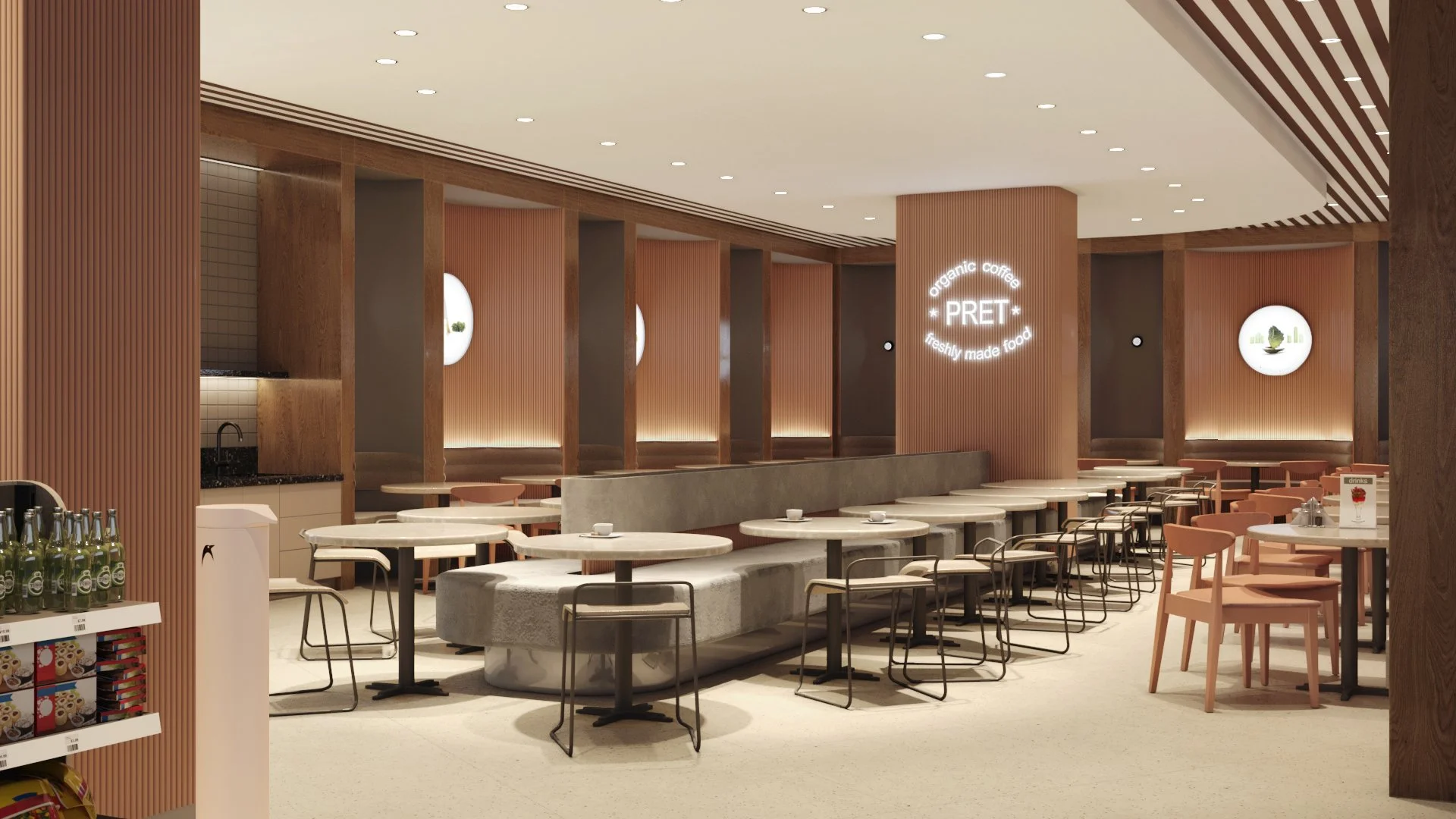Modern cafe interior with round tables, chairs, and a sign that says "PRET" on a wall, featuring warm lighting and wood accents.
