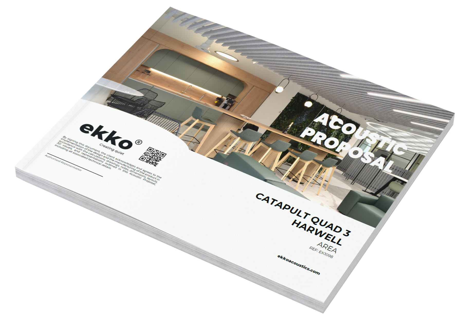 Brochure cover for an acoustics consultation company, featuring a modern interior design with a bar and seating area, displaying the title "Acoustic Proposal" 