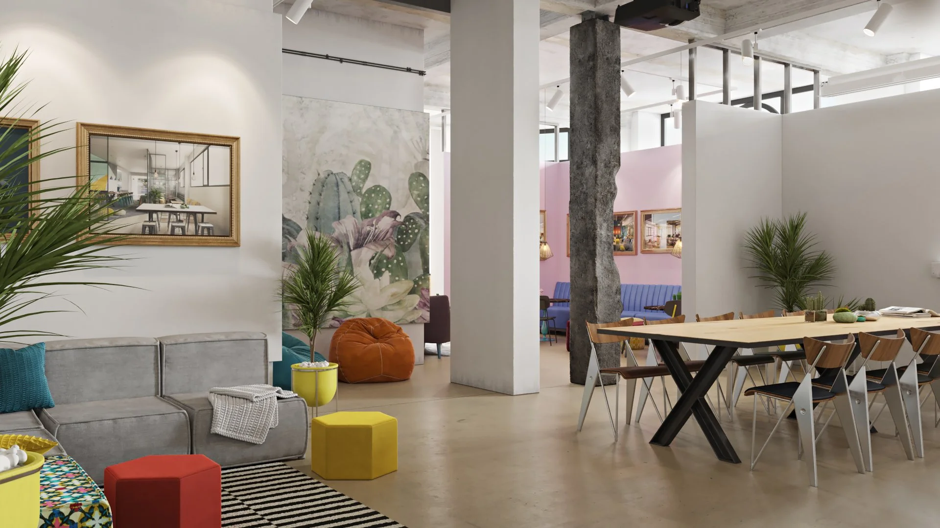 Modern interior space with a gray sofa, colorful ottomans, plants, and wall art, featuring a dining area with a large wooden table and chairs, in a bright and open room.