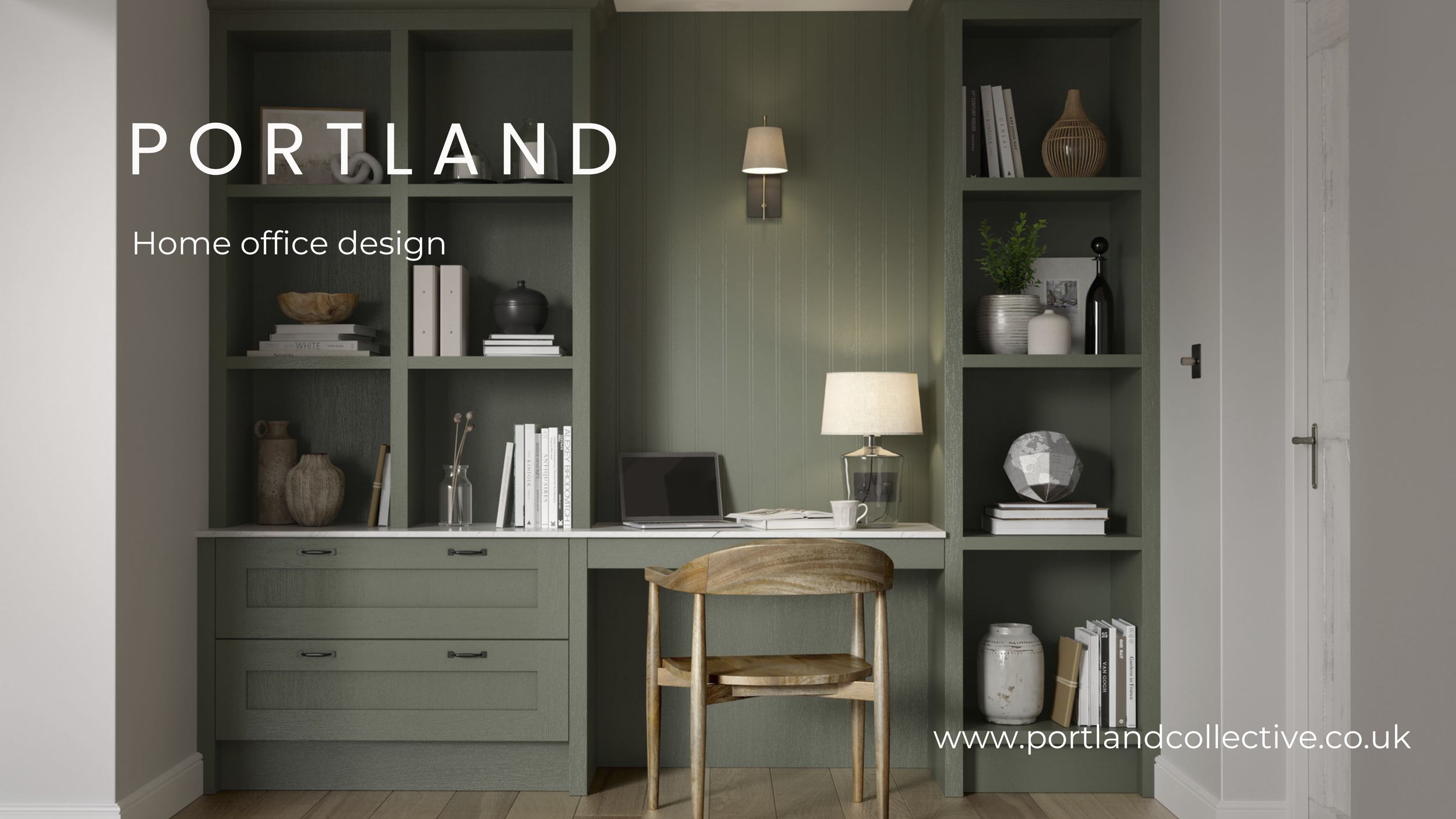 Home office with built-in green shelving, a white desk with a laptop, a table lamp, and decorative items, against a green paneled wall with a wall light and wooden flooring.