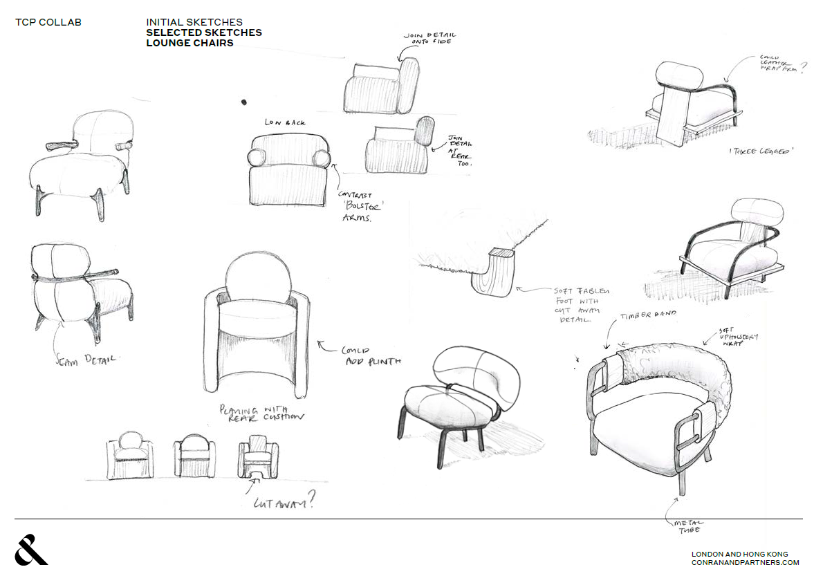 Sketches and design ideas for lounge chairs, including initial sketches, details on frame, arm comfort, and padding, with notes on construction and materials.