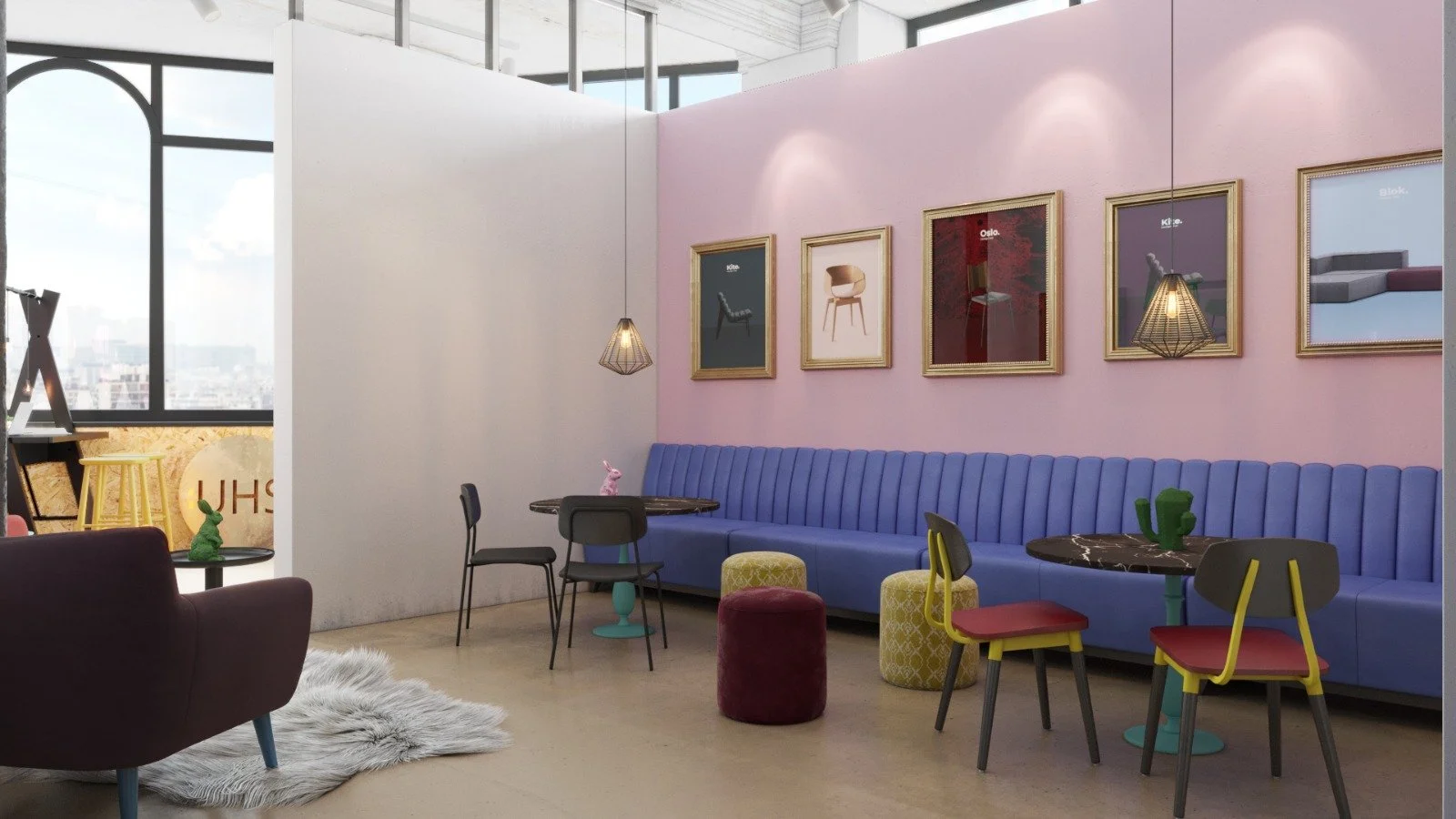 Interior of a modern, colourful gallery pop-up with a pink wall, blue banquette, various chairs and small tables, and framed art posters on the wall.