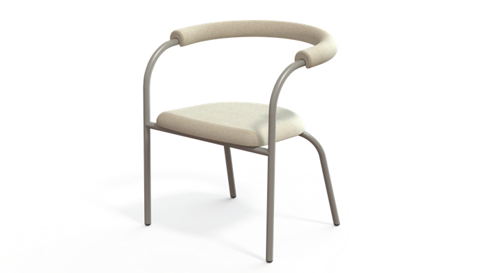A modern chair with a padded seat, curved backrest, and metal legs on a white background.