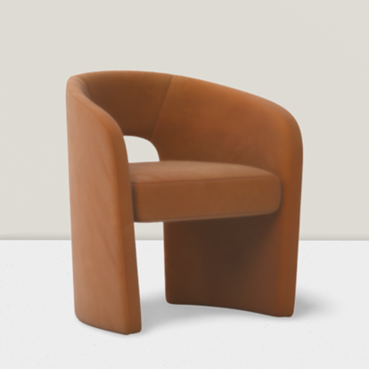 Brown modern armchair with curved back and sides on a plain background.