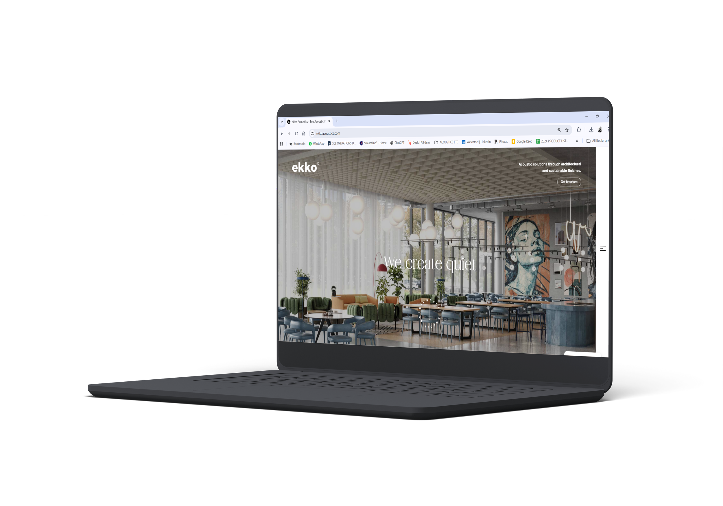 Laptop displaying a website for ekko Acoustic Solutions featuring a modern interior design with seating, artwork, and lighting fixtures.