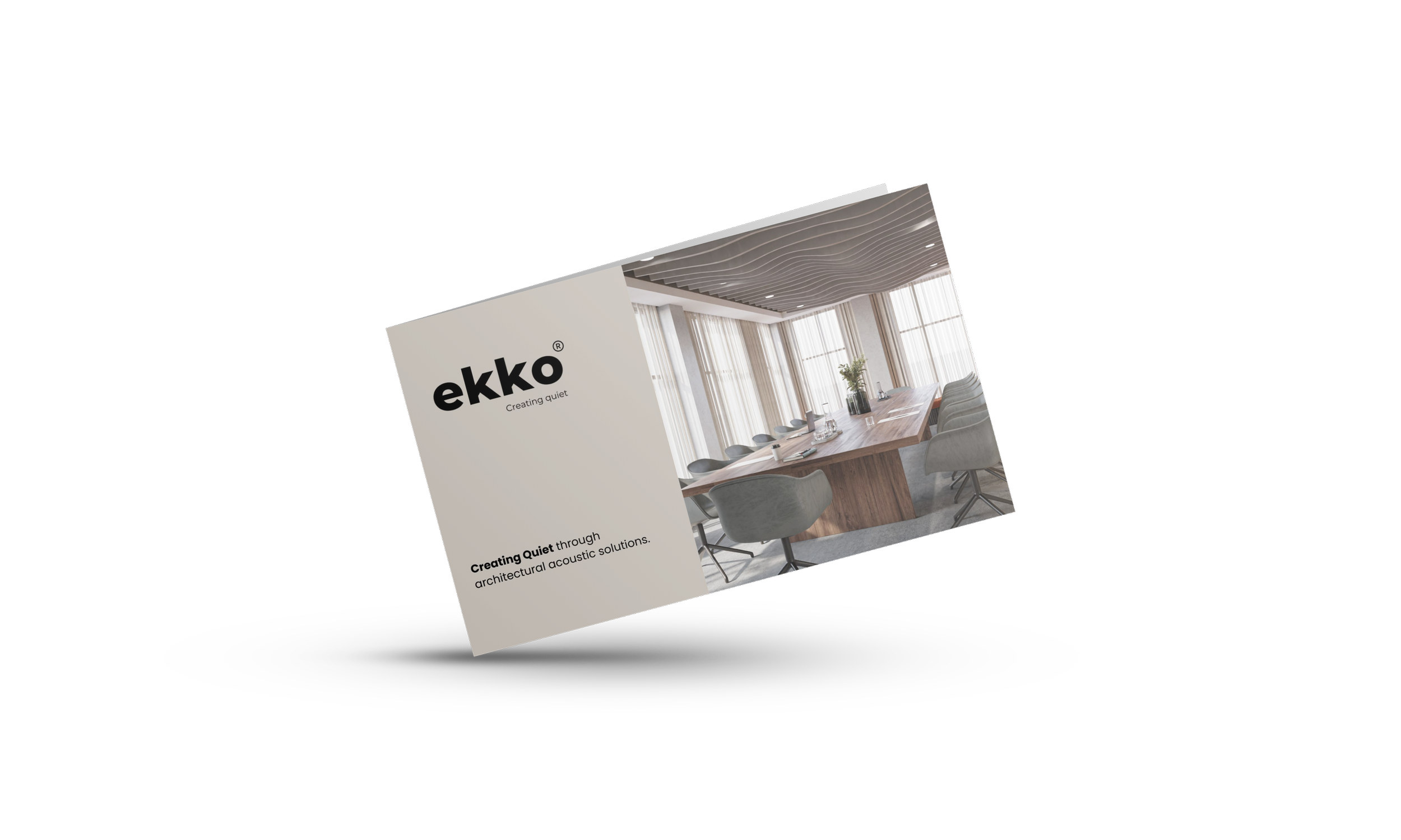 Brochure cover for ekko, featuring a modern conference room with a long wooden table, gray chairs, large windows with curtains, and a ceiling with wave-patterned acoustic panels.