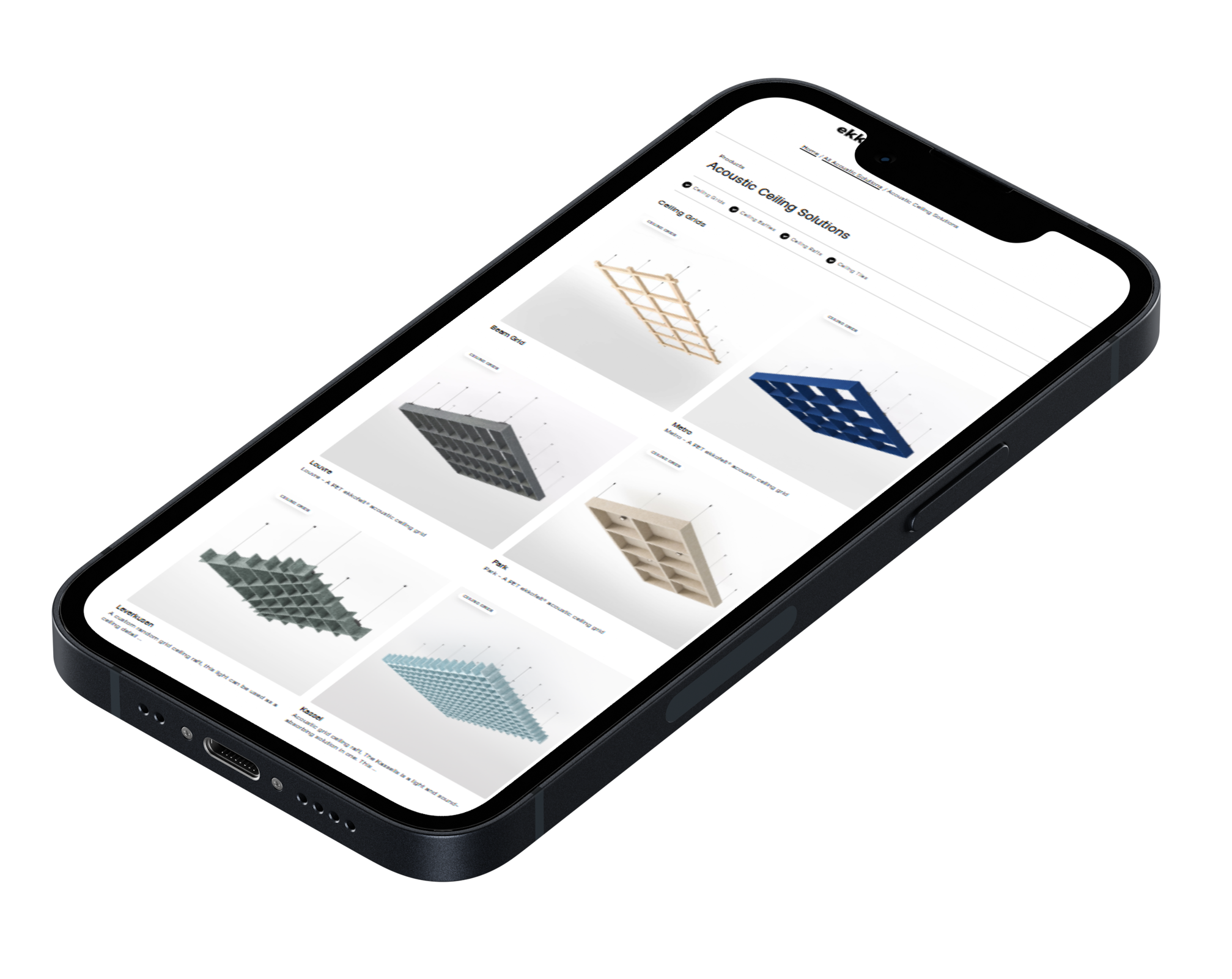 Smartphone displaying a webpage with various acoustic ceiling solutions, including different grid panel designs.