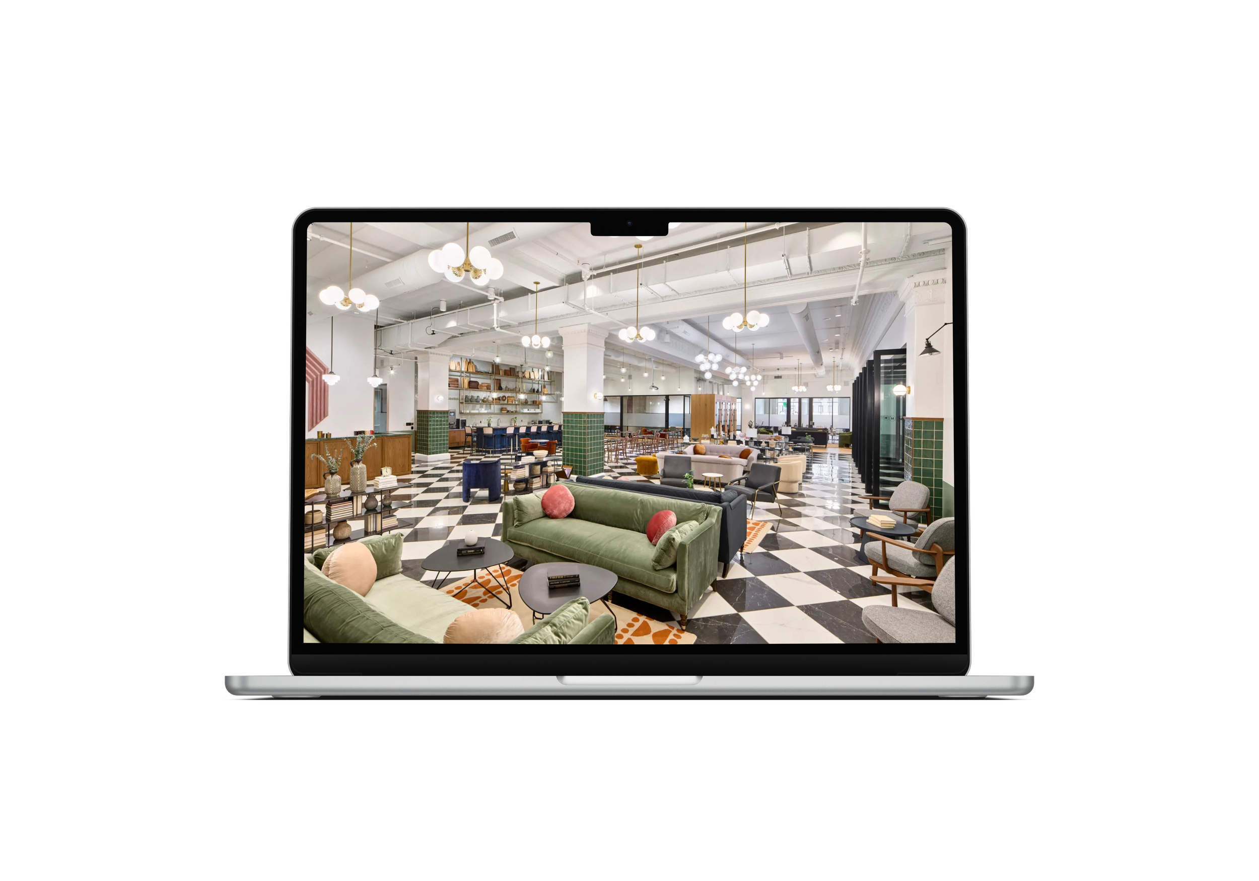 Interior of a spacious, modern lounge with checkered black and white flooring, green and beige sofas, various chairs, tables, and decorative accents, illuminated by multiple hanging light fixtures.