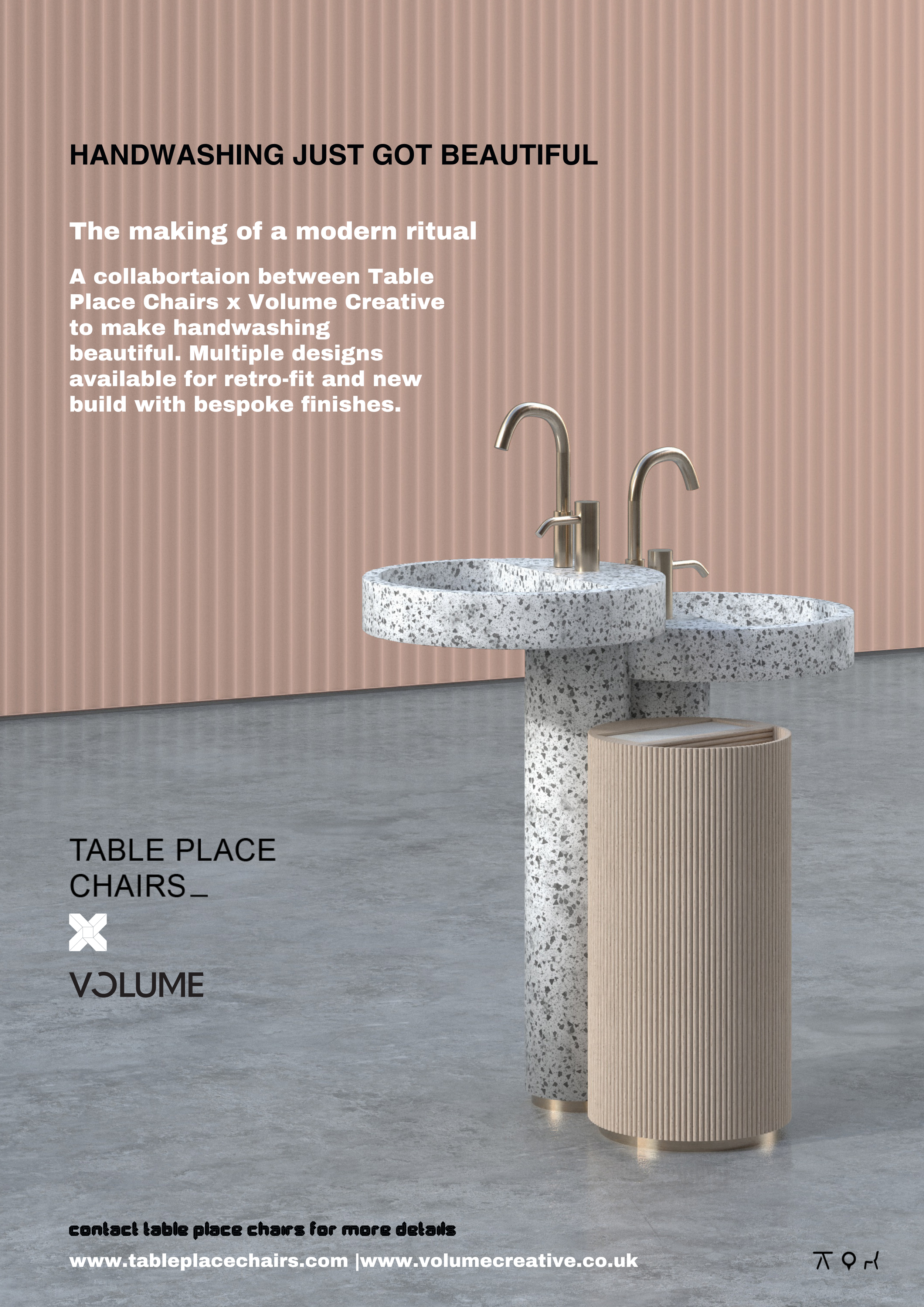 An advertisement showcasing a designed stone sink with a modern faucet and a ribbed beige cylindrical container beside it, set against a pink ribbed wall and gray floor.
