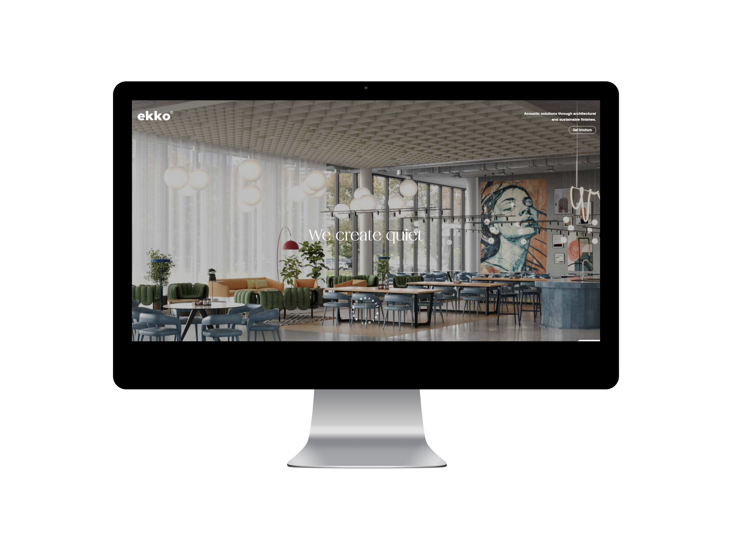 Computer monitor displaying a webpage for ekko, showcasing a modern, stylish interior space with seating, large windows, artwork, and contemporary lighting fixtures.