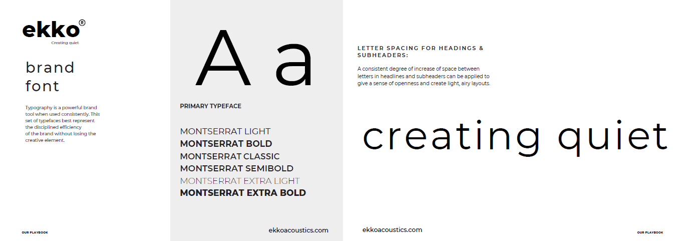 A design layout showcasing typography styles and fonts, with the words 'creating quiet' in bold and regular font, and descriptions of font weights used for branding and headers.