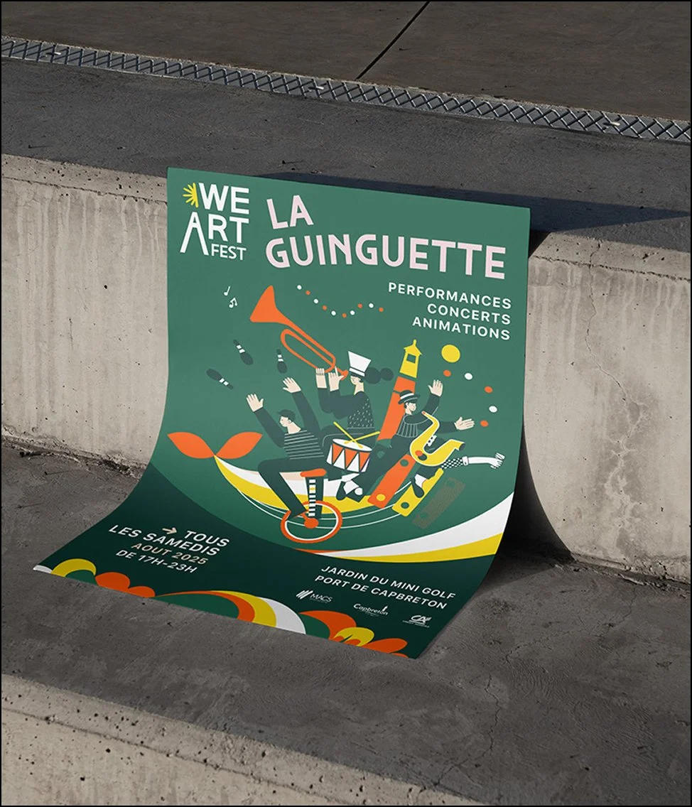 Affiche design pour le festival Art Fest La Guinguette, création graphique colorée avec illustrations musicales — projet de design graphique événementiel.