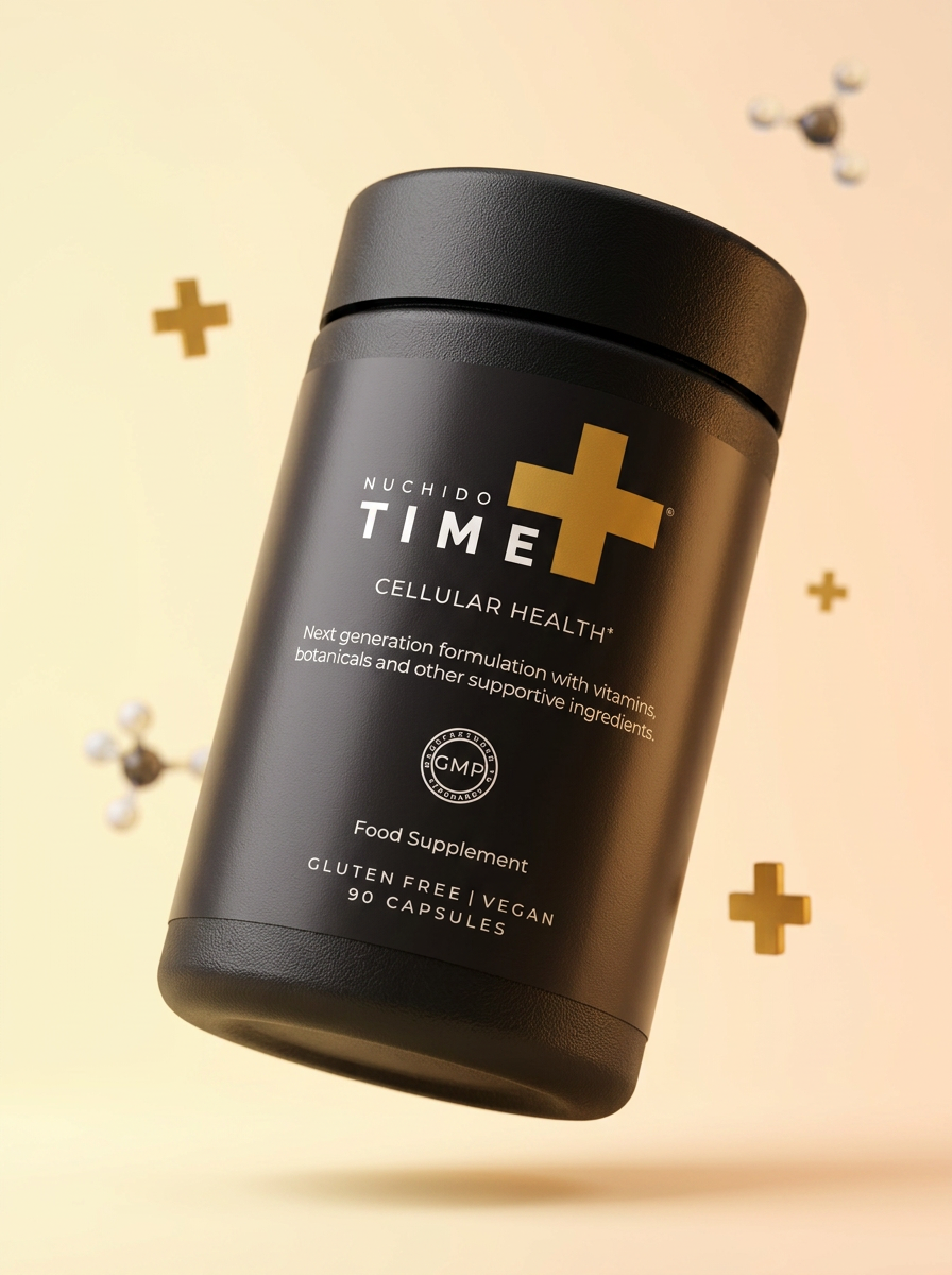Firefly_A matte black cylindrical supplement bottle labeled -NUCHIDO TIME+- with a gold-amber 706087 (1).png
