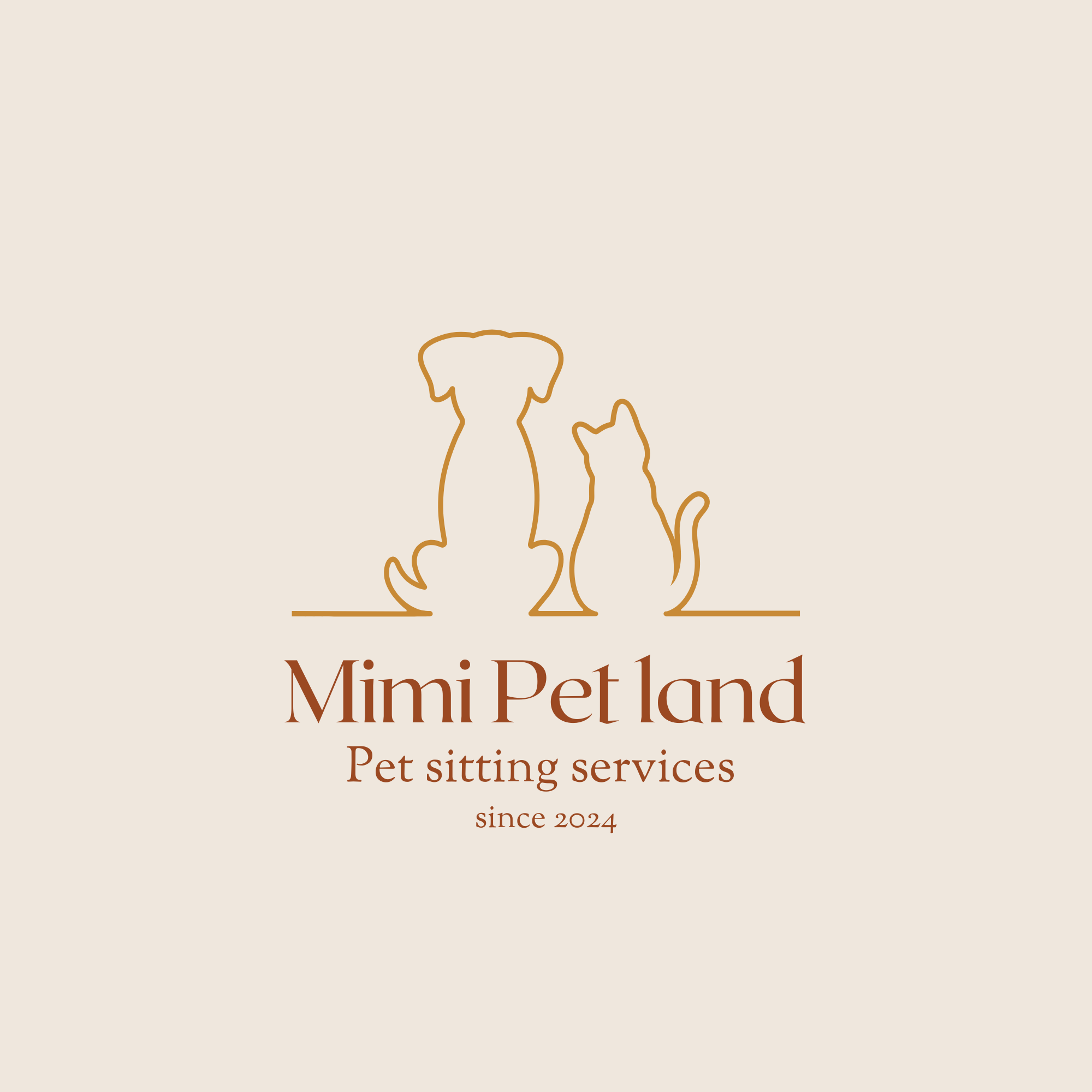 Line drawing of a dog and a cat sitting side by side, with the text 'Mimi Pet Land Pet sitting services since 2024' below them.
