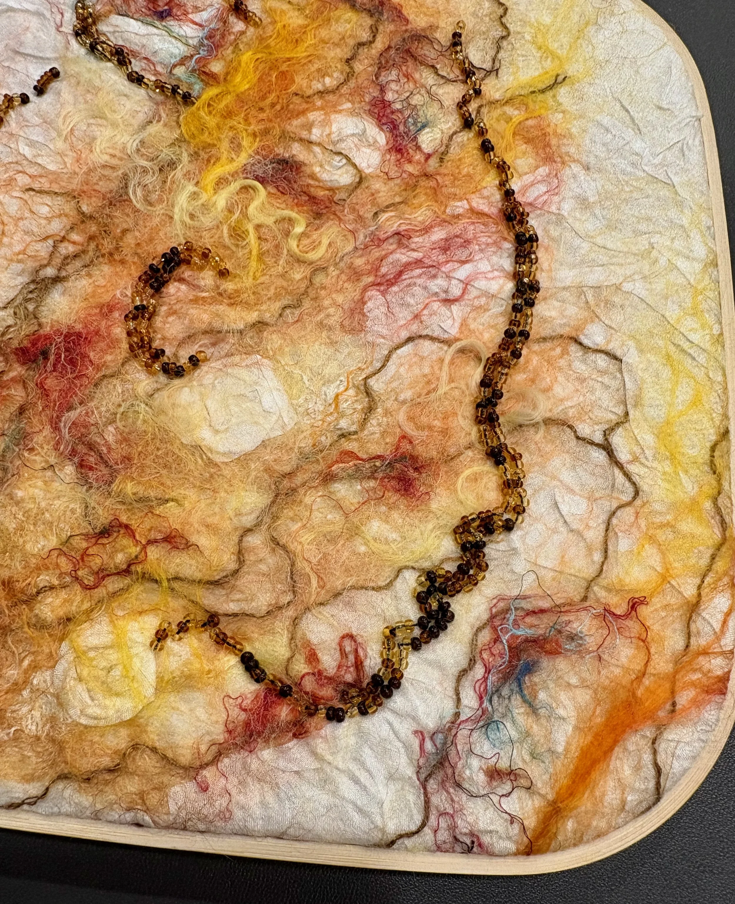 Close-up of the embroidery hoop with a textile art piece featuring multicolored wool threads and beads outlining a woman's profile.