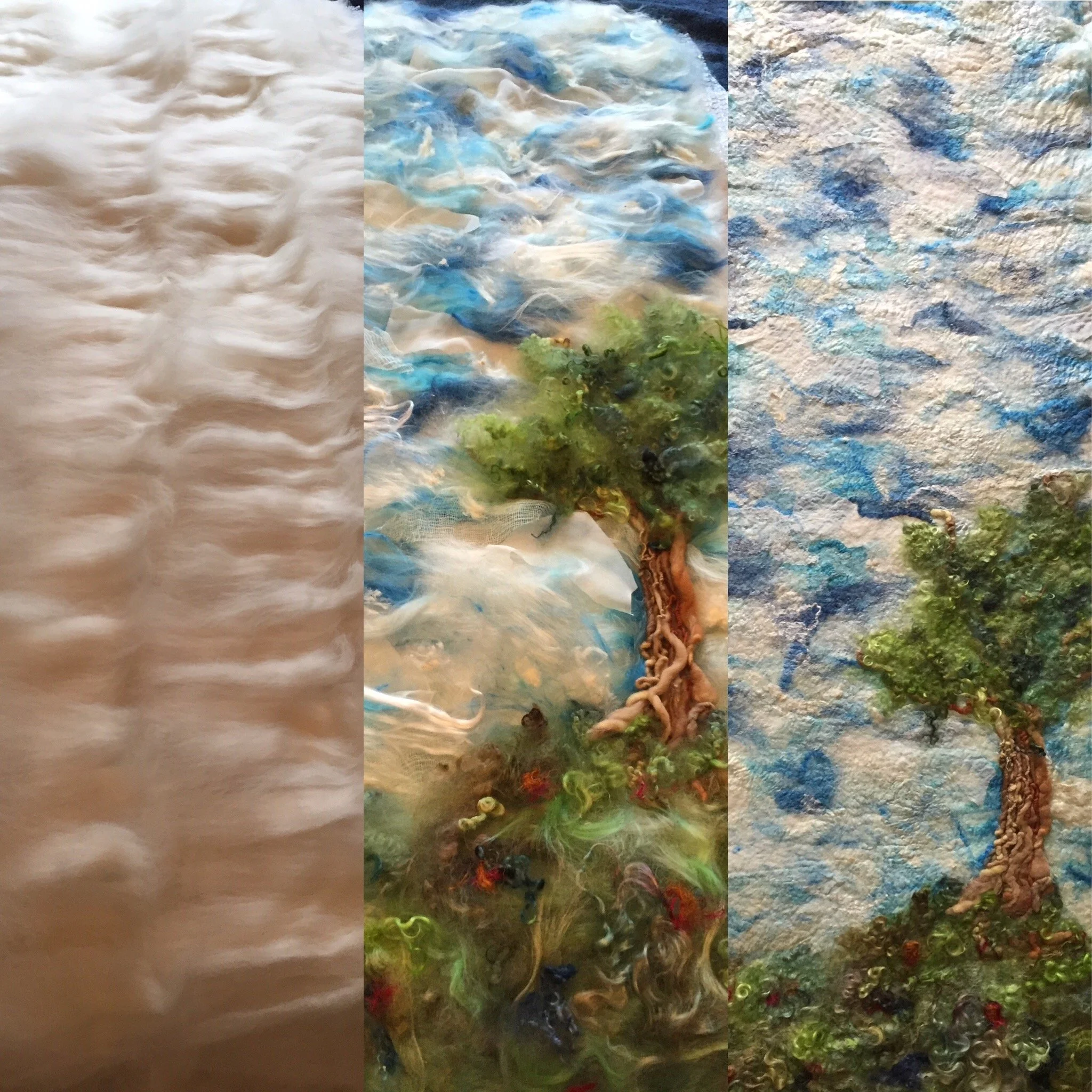 Three textile art pieces with different textures and colors: the first is a beige fabric with a wavy, plush texture, the second is a multicolored fabric with a cloudy, tie-dye effect and a small felted tree, and the third is a blue and white textured fabric with a small felted tree and colorful details.