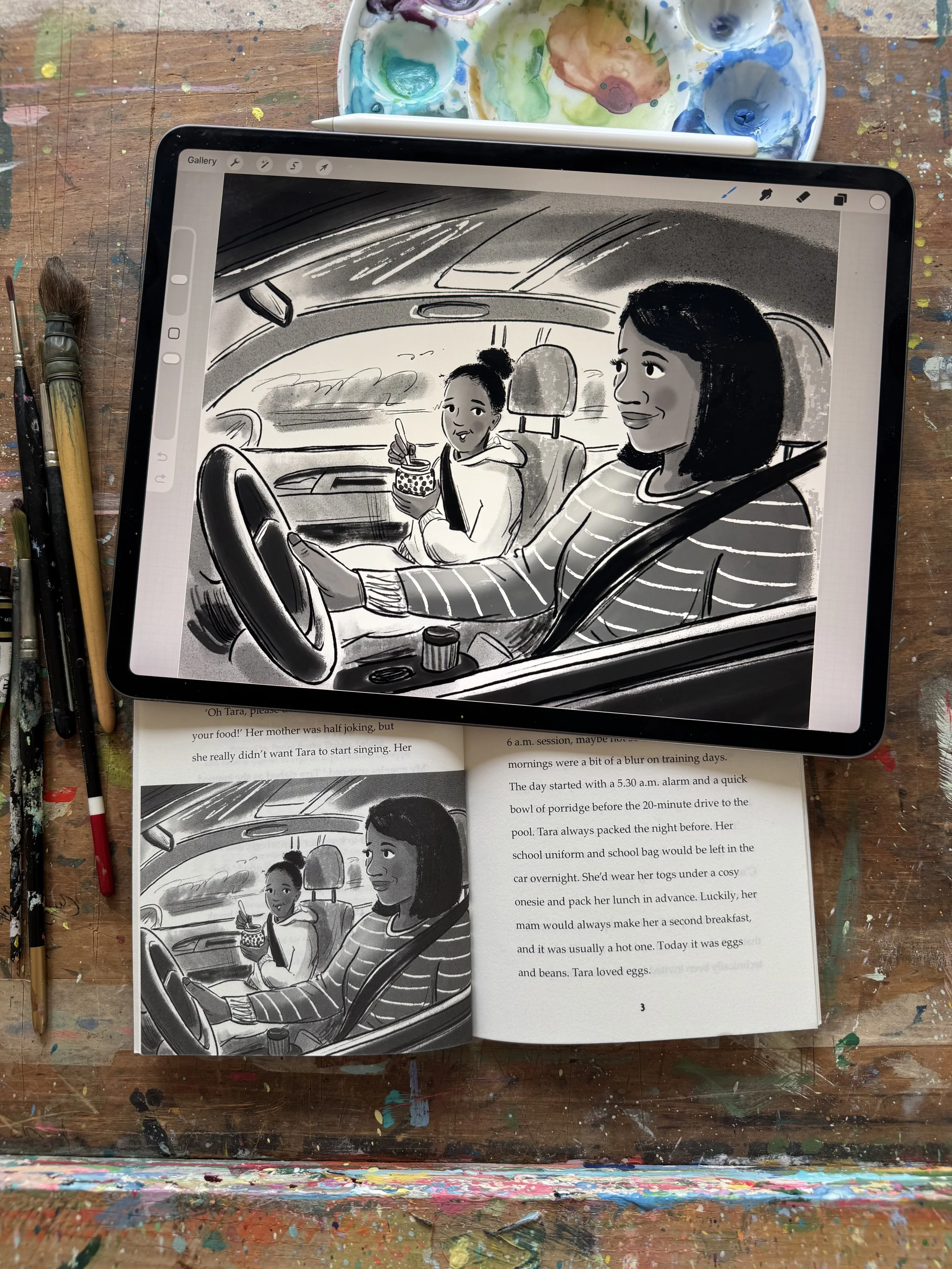 black and white illustration of mum and daughter in car
