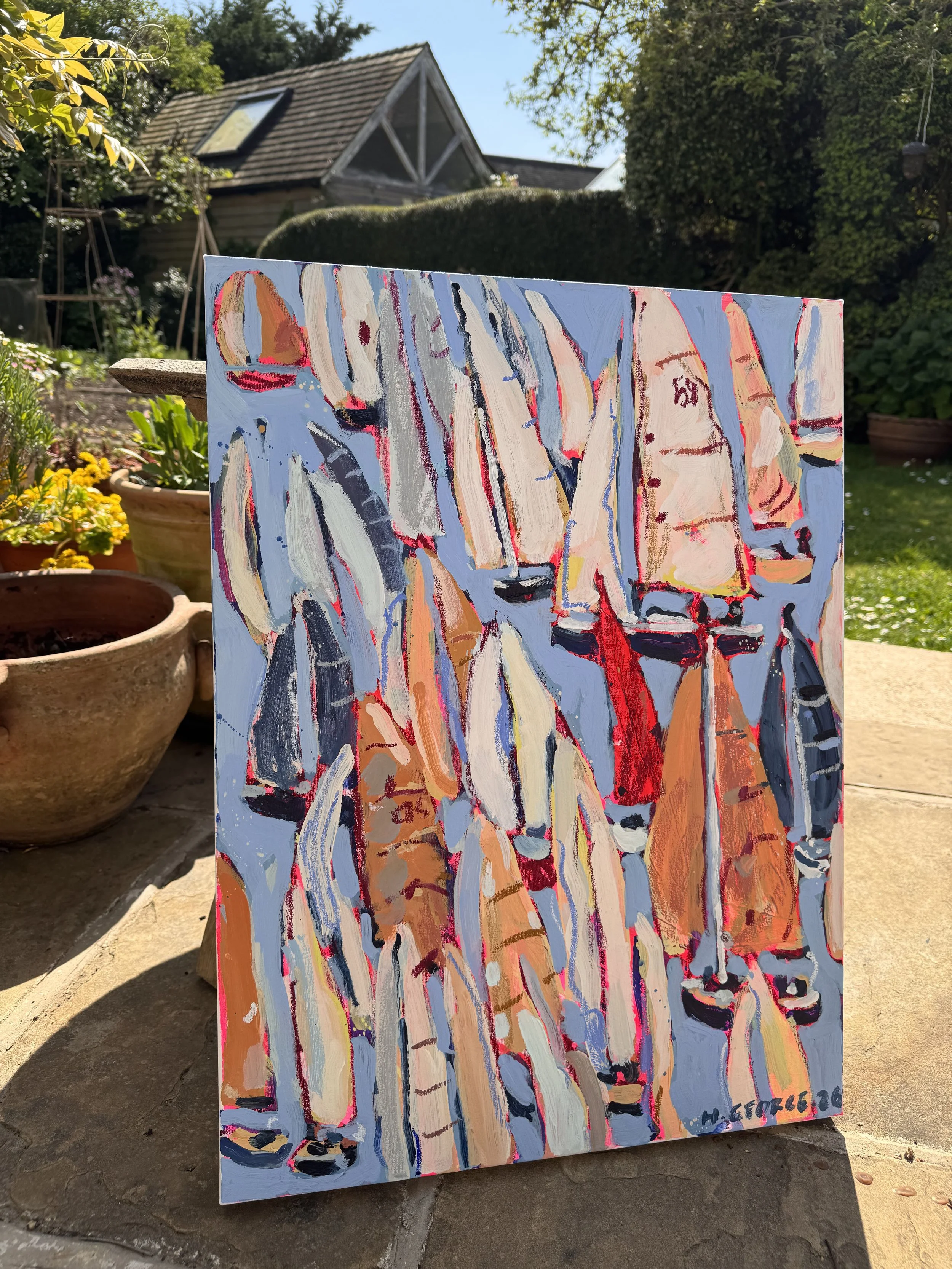 Painting of abstract human figures in orange, pink, black, and blue tones, standing side by side outdoors on a sunny day.