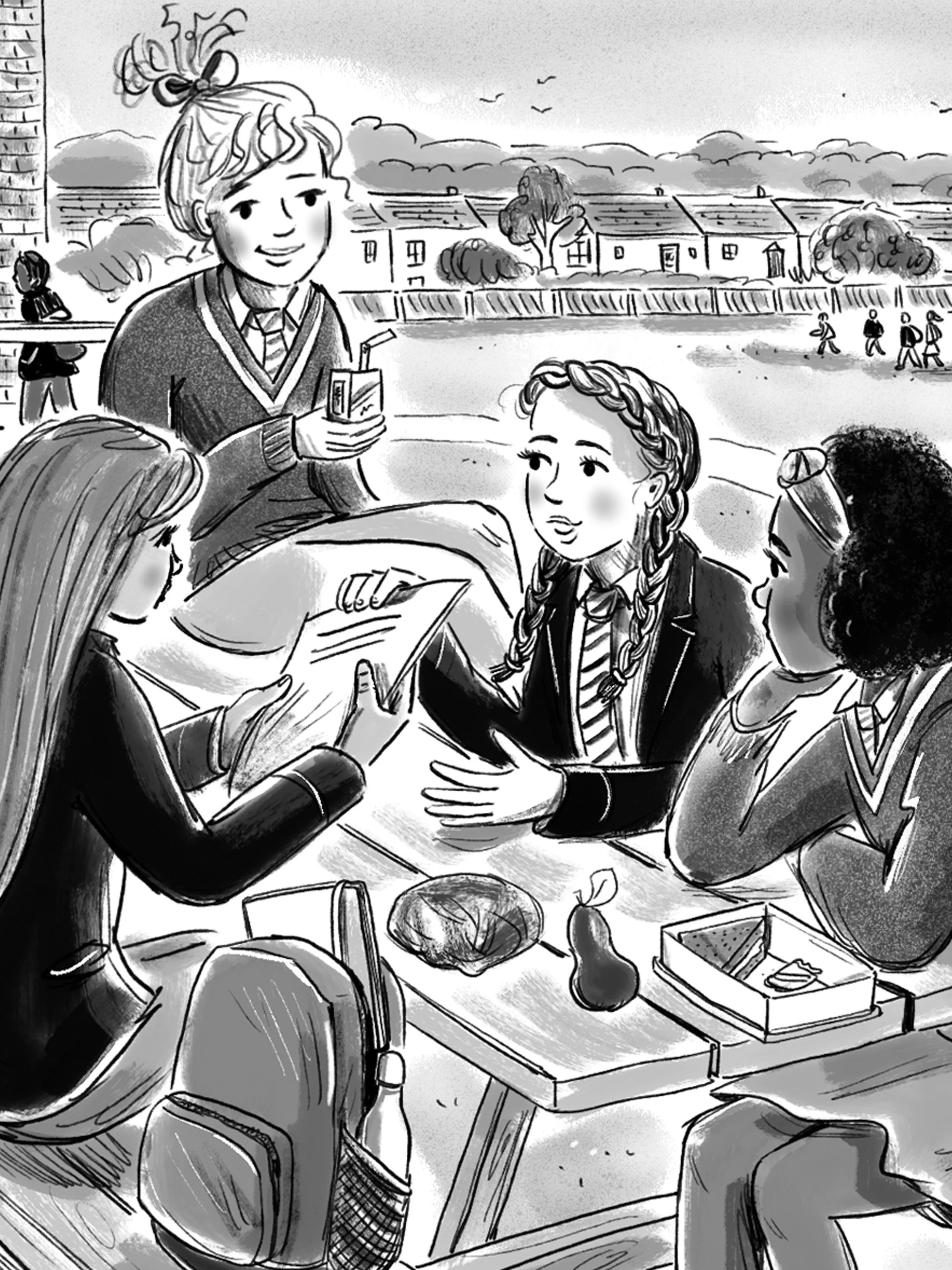 black and white illustration of school girls at picnic bench