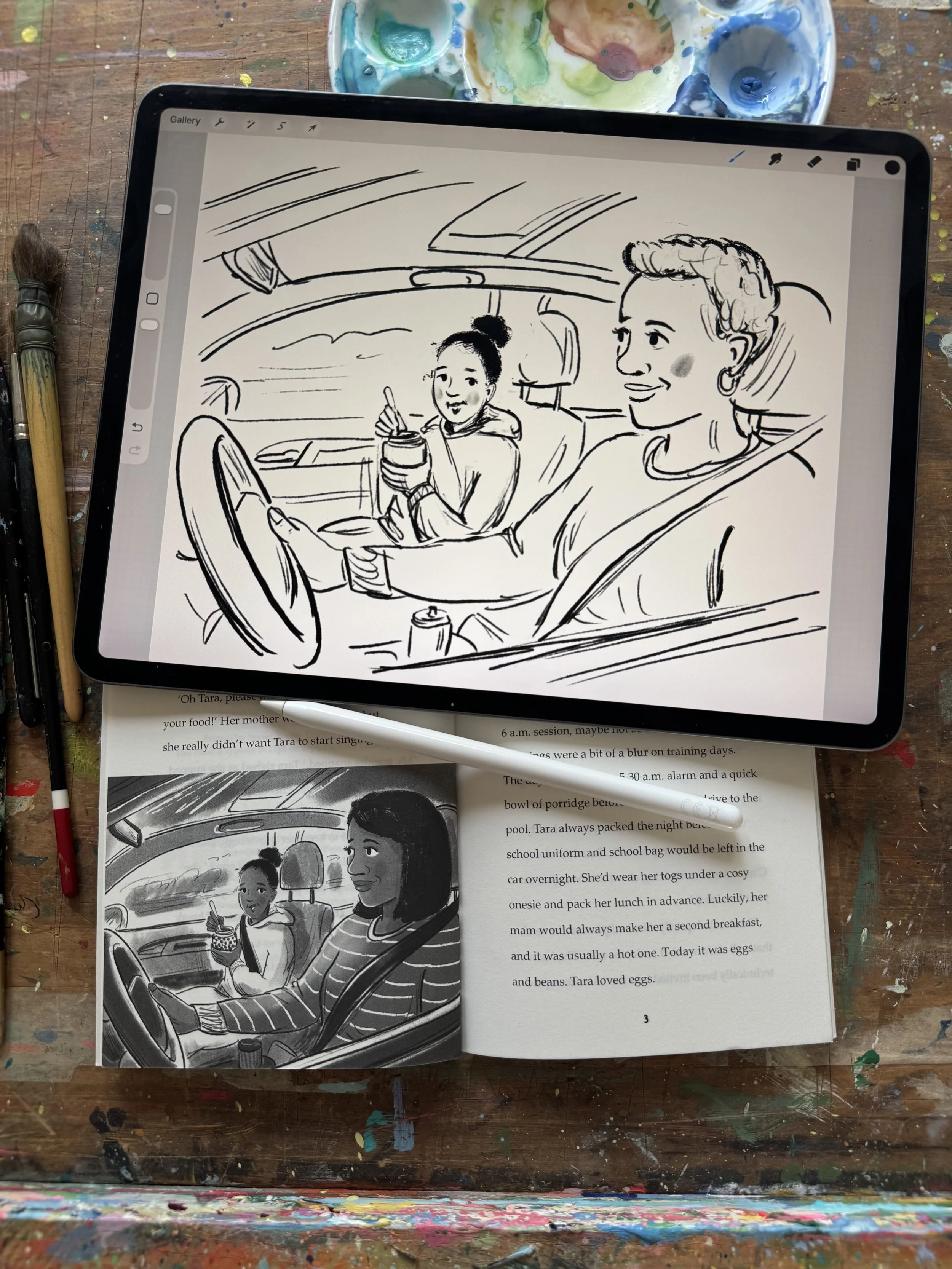 black and white illustration of mum and daughter in car