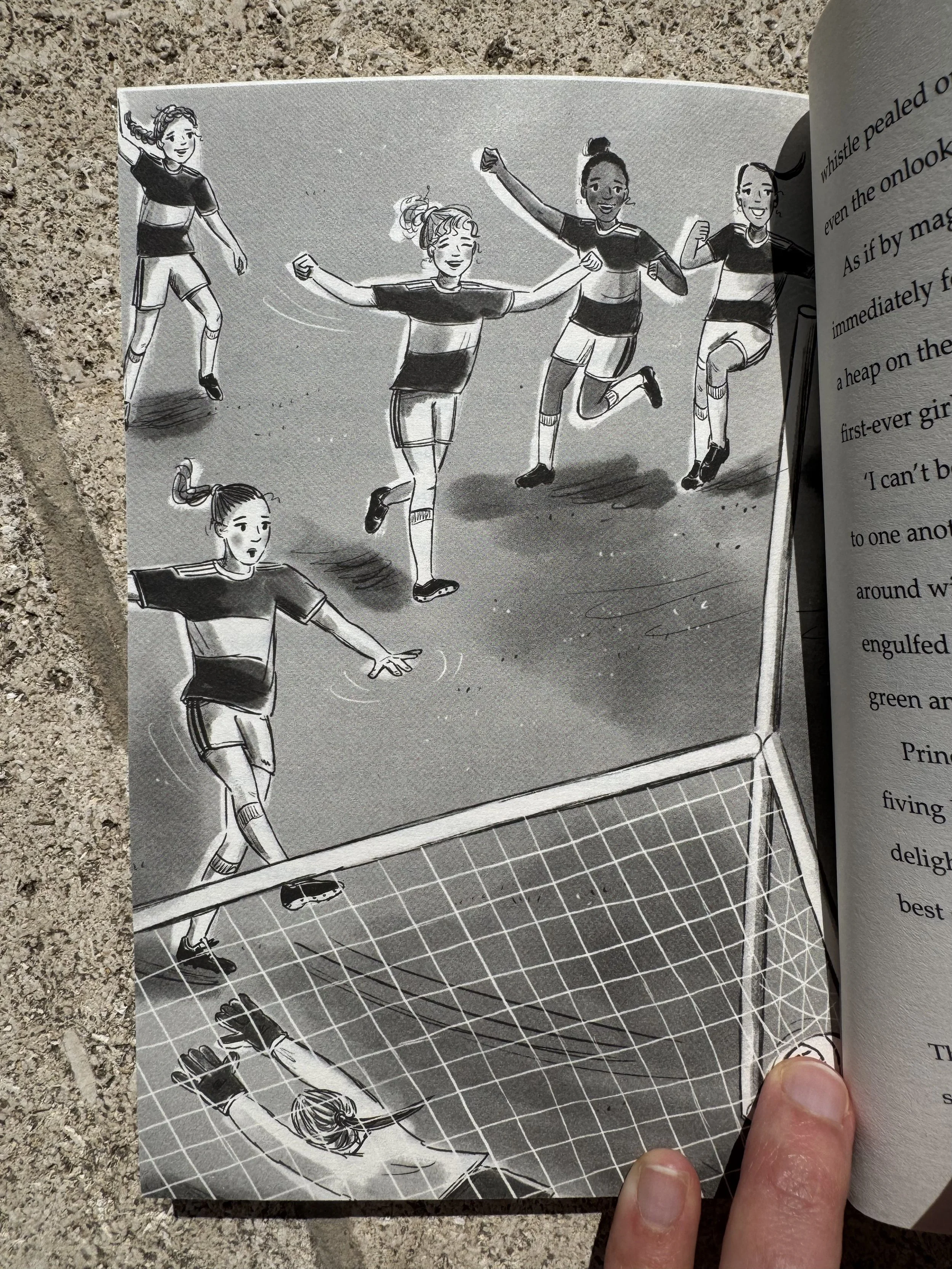 black and white illustration of girls football team winning 