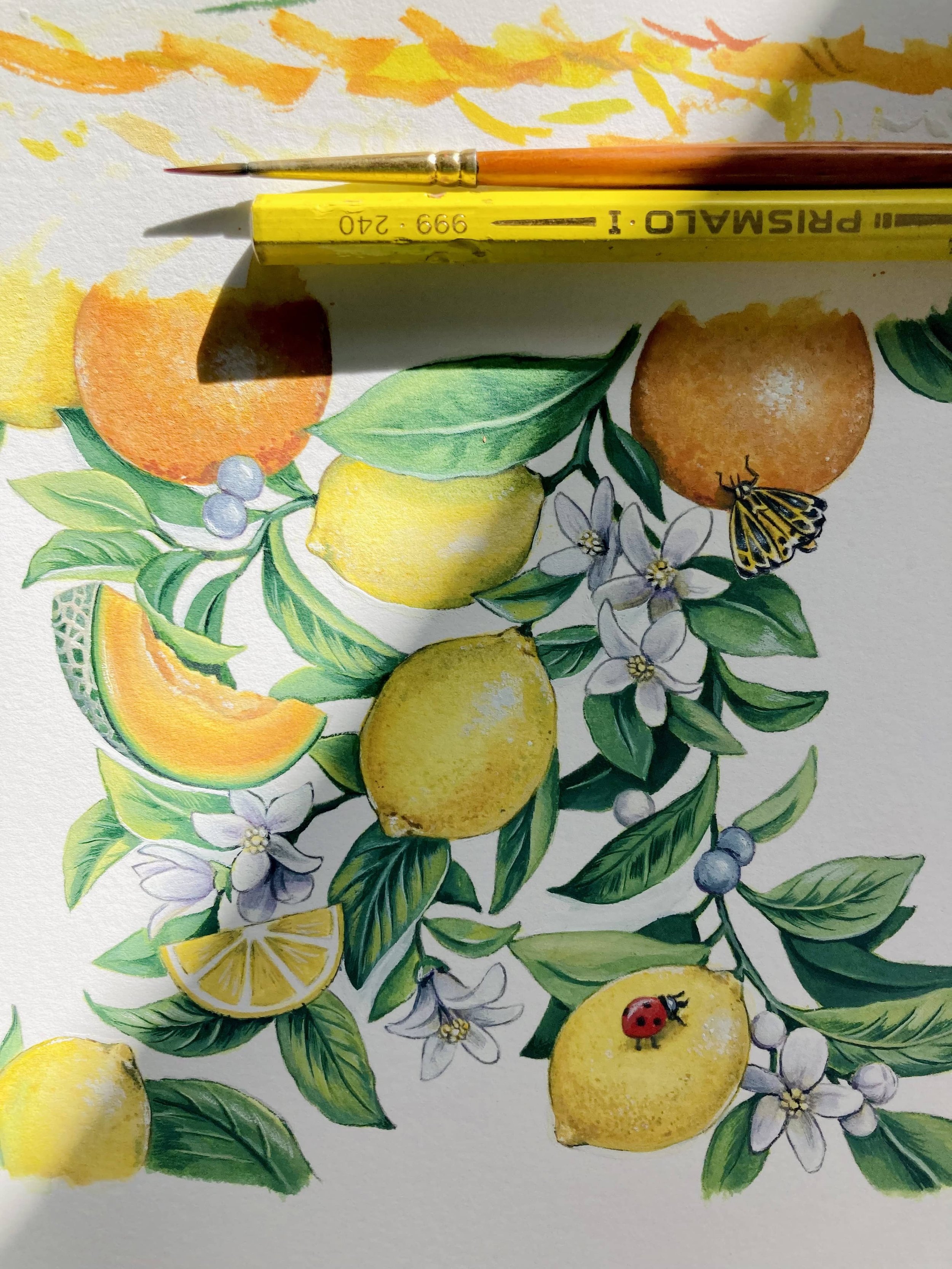 Watercolor illustration of lemons, oranges, lemon slices, blueberries, lemon blossoms, a butterfly, and a ladybug among green leaves, with a watercolor brush along with a yellow watercolor paint tube on top.