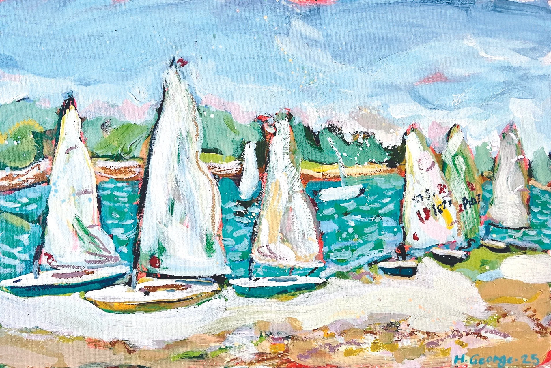 Painted scene of sailboats with sails in water, mountains in background, painted in impressionist style.