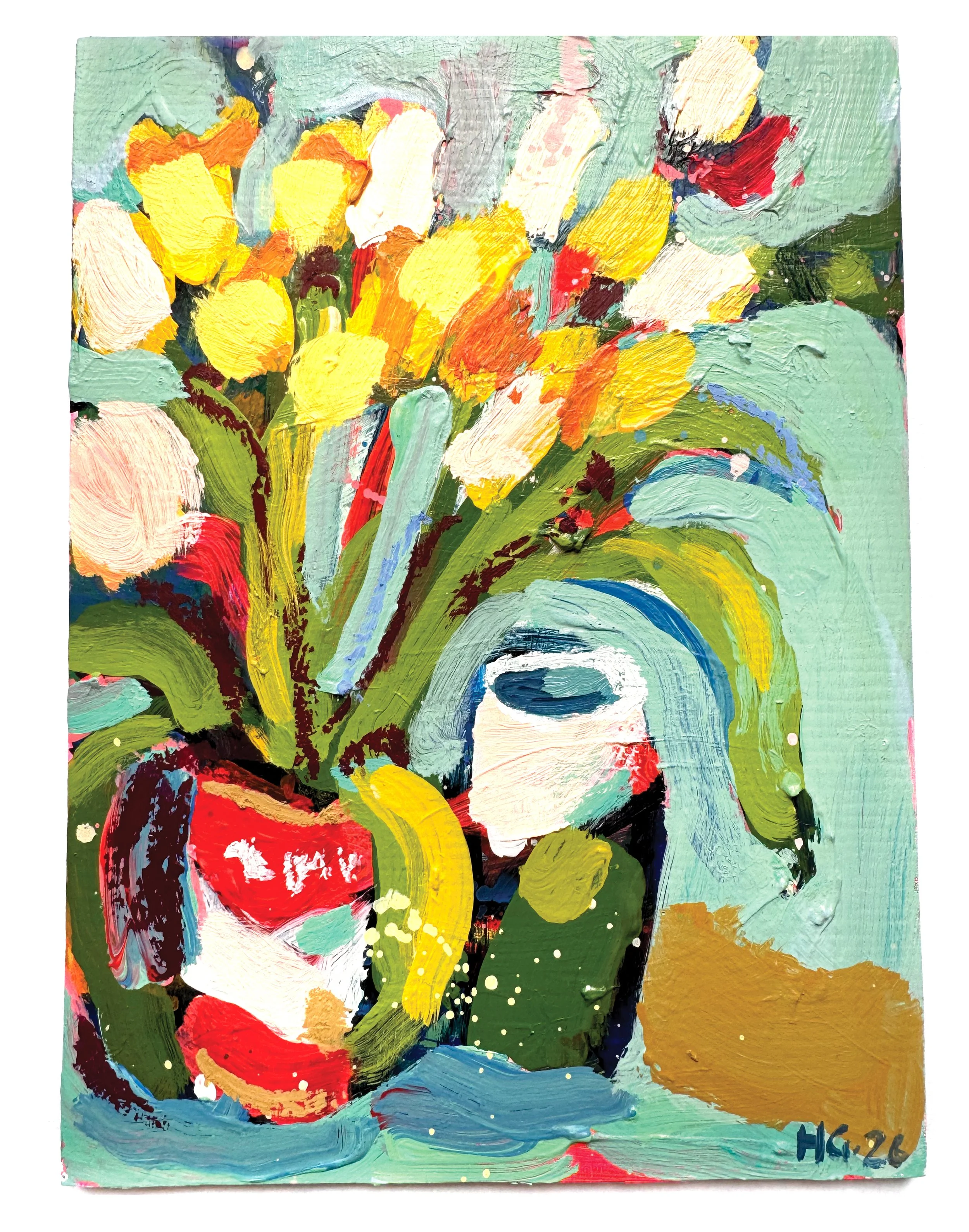 An abstract painting of a woman with dark hair, wearing a red dress, surrounded by colorful and vibrant brushstrokes of yellow, green, blue, black, and white.