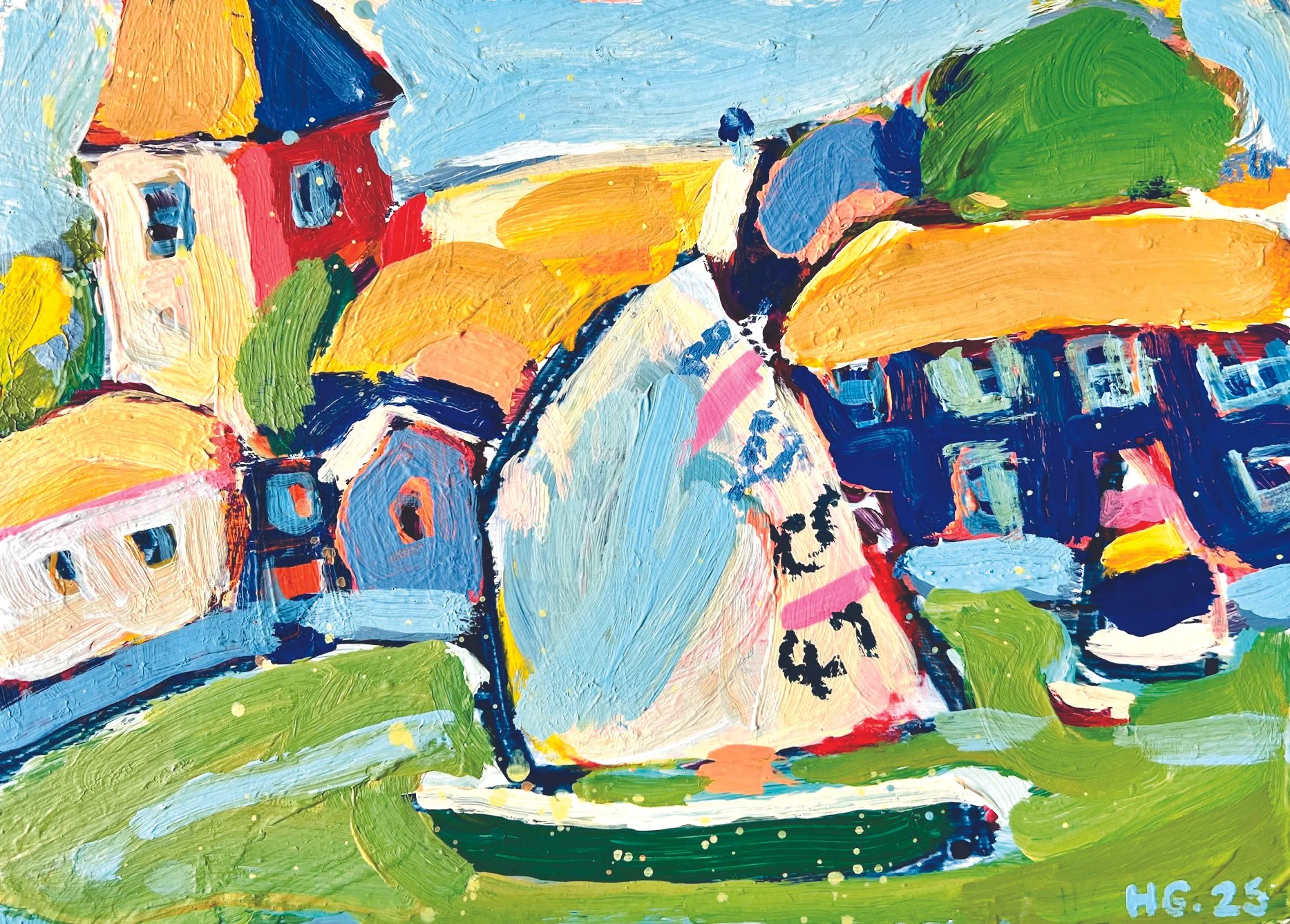 A colorful abstract painting featuring various shapes and bright colors including yellow, green, blue, red, pink, and orange. The painting depicts a landscape with houses, trees, and a bright sky, created with bold, textured brushstrokes. In the bott