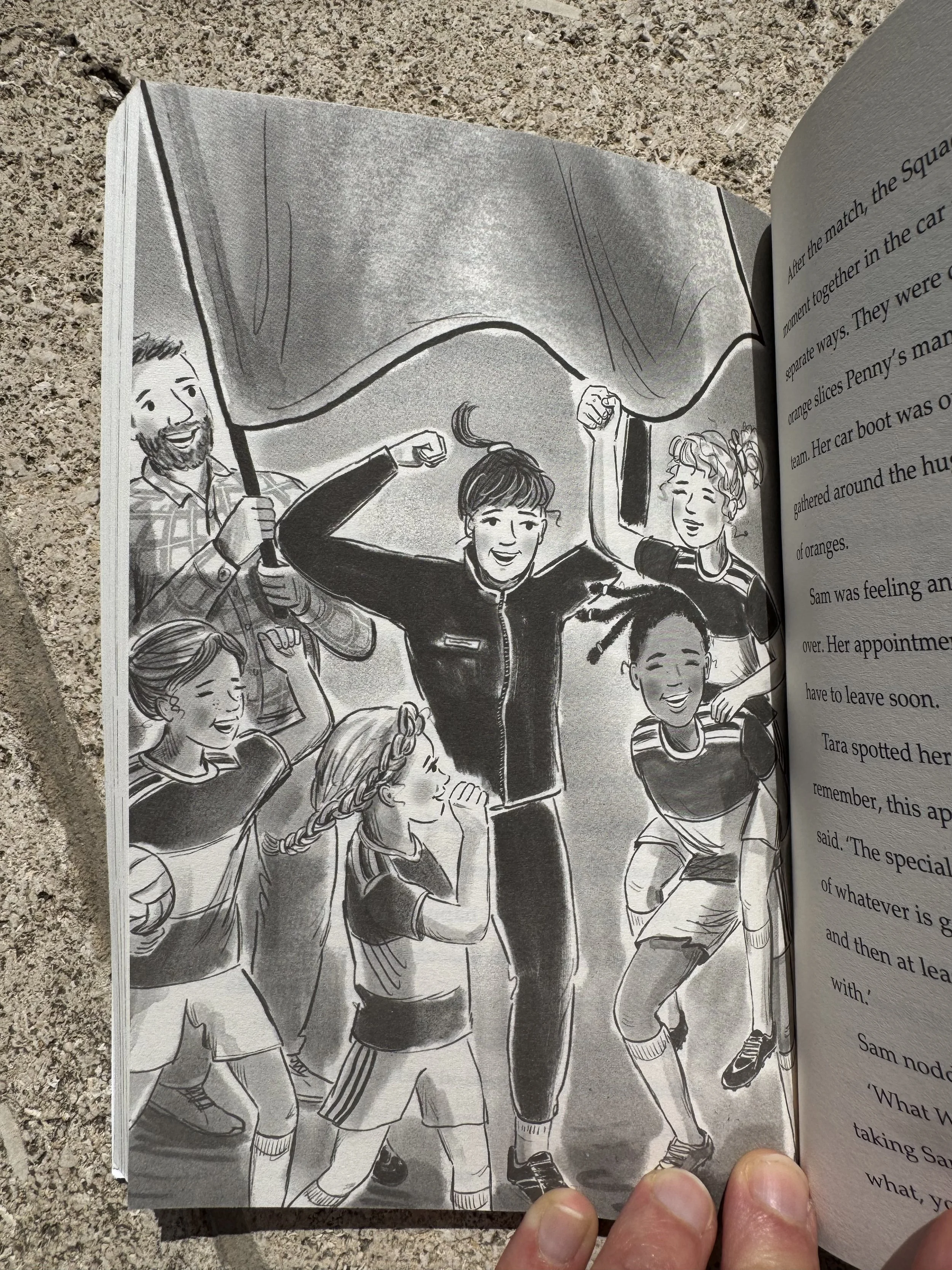 black and white illustration of girls football team