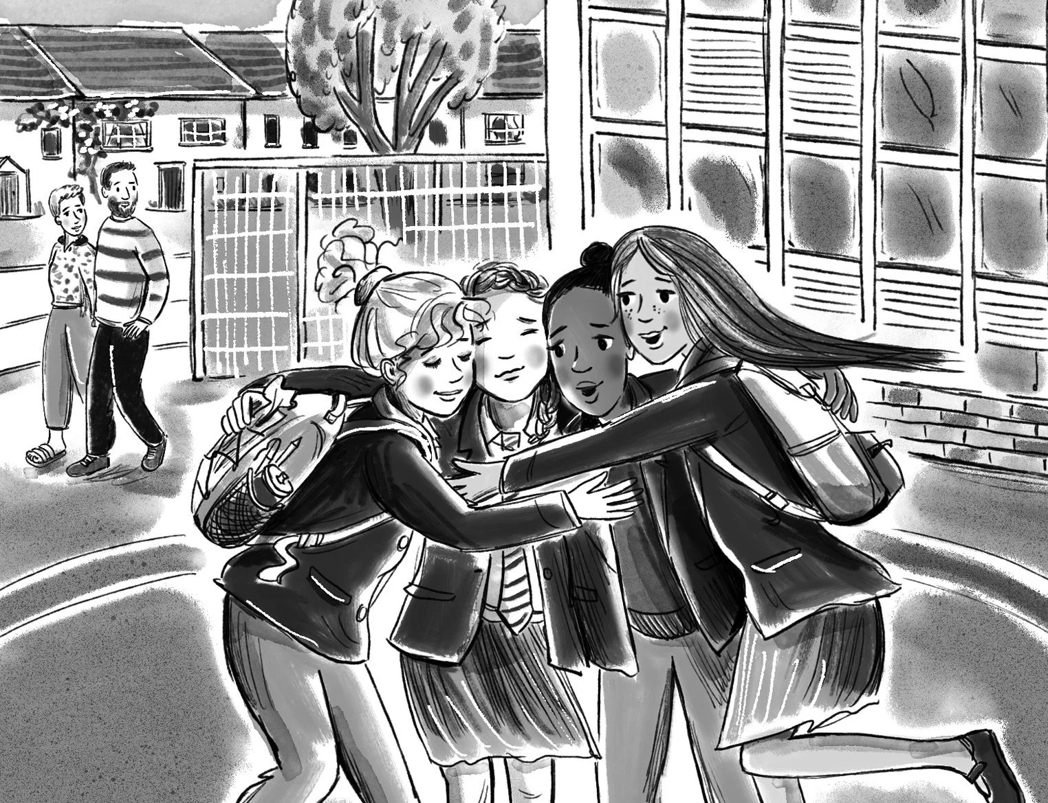 black and white illustration of school girls hugging