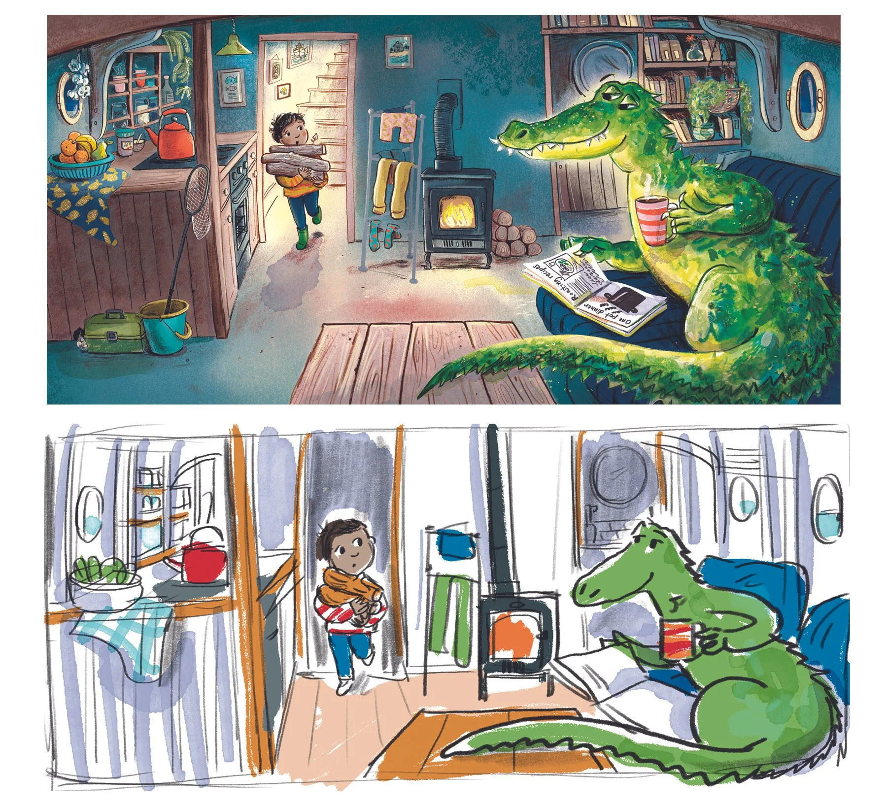 A children’s illustration depicting a cozy home interior. In the foreground, a large green alligator with a mug relaxes on a couch reading a newspaper and drinking a hot beverage. A child with dark hair and a striped shirt stands near a doorway, carrying a bundle of towels. The room features a wood stove, bookshelves, a small round window, and other homey details. The second, simplified, drawn version repeats the scene with the same elements.