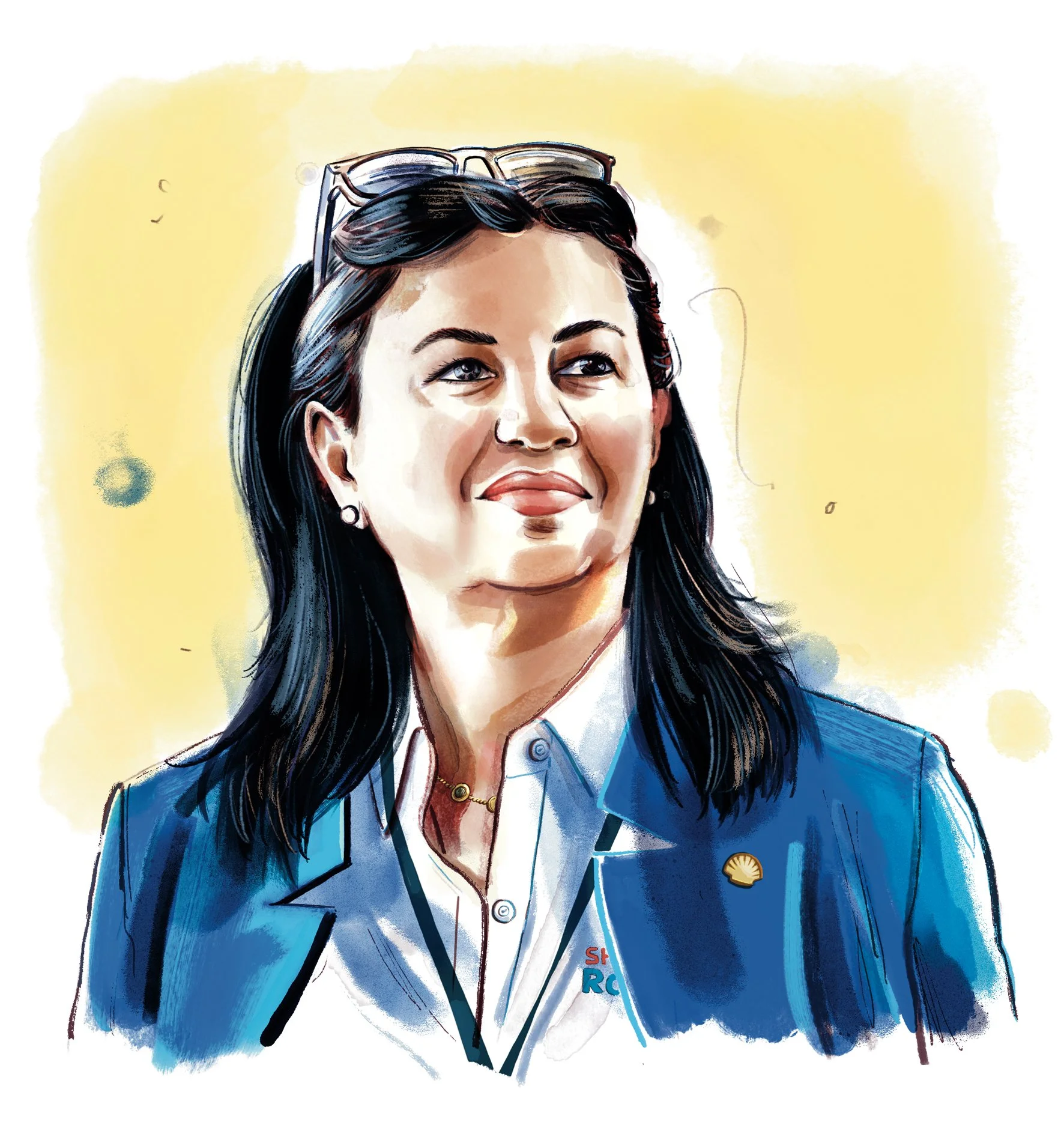 loose watercolour portrait of a businesswoman with blue blazer and glasses