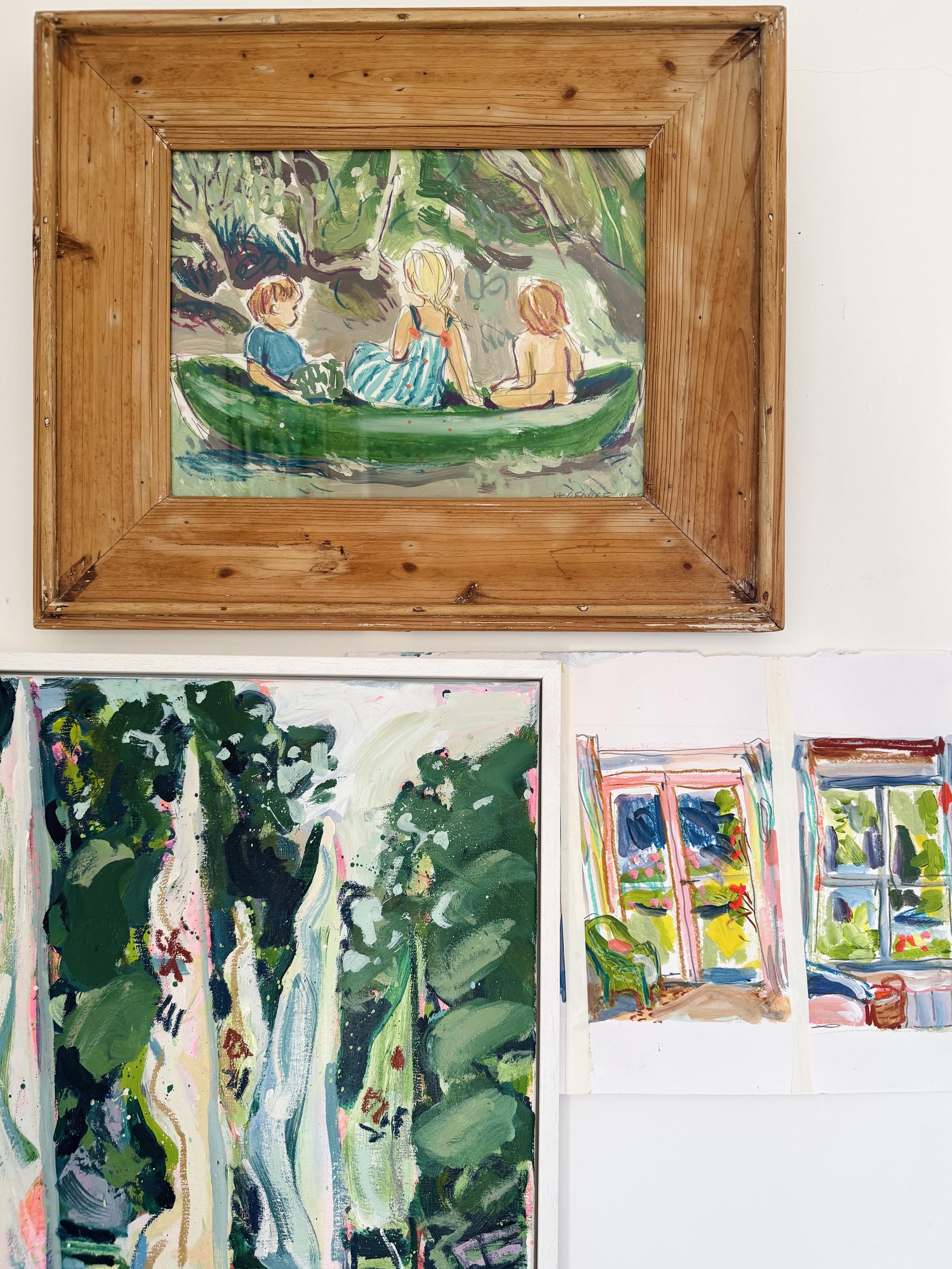 A painting of three children sitting in a tree branch with a colorful window scene of a living room behind them.