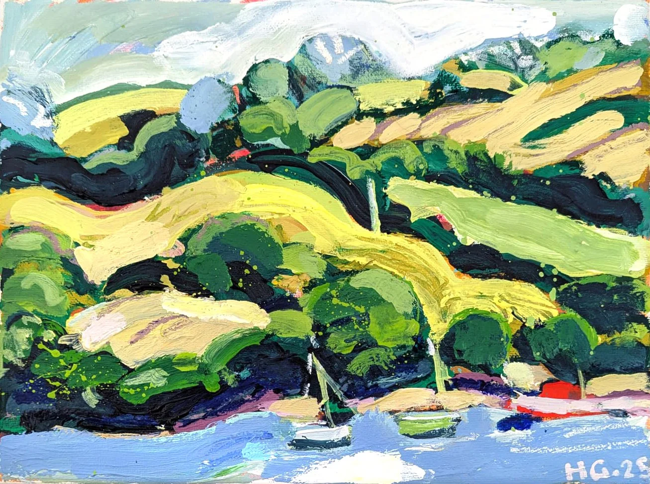 An abstract landscape painting of green, yellow, and black hills with a blue water body and a sailboat in the foreground.