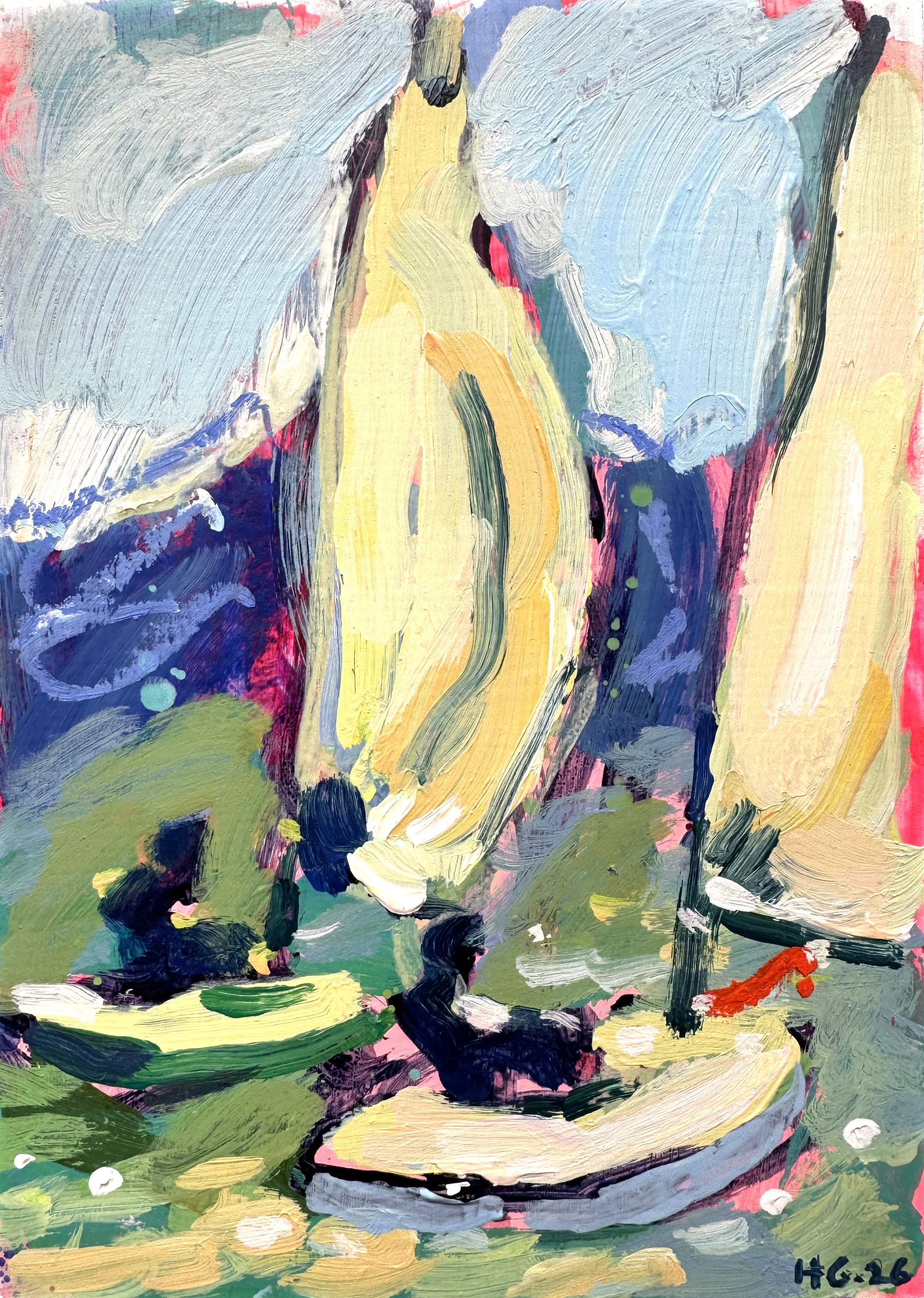 Abstract painting with swirling brush strokes in pastel colors including light blue, yellow, pink, and green, with darker accents in black and navy.