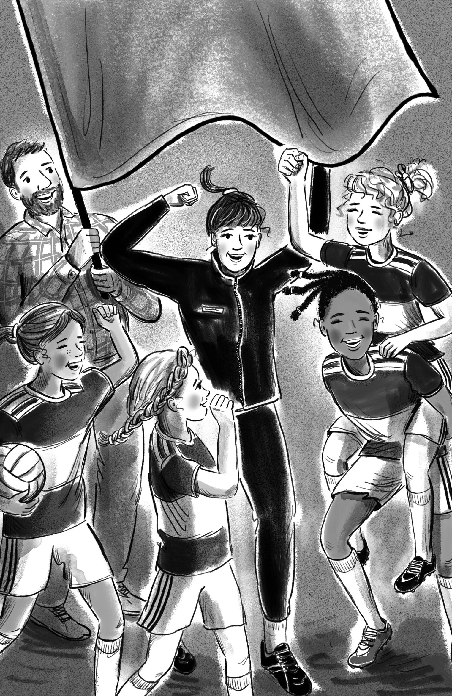 black and white illustration of girls football team