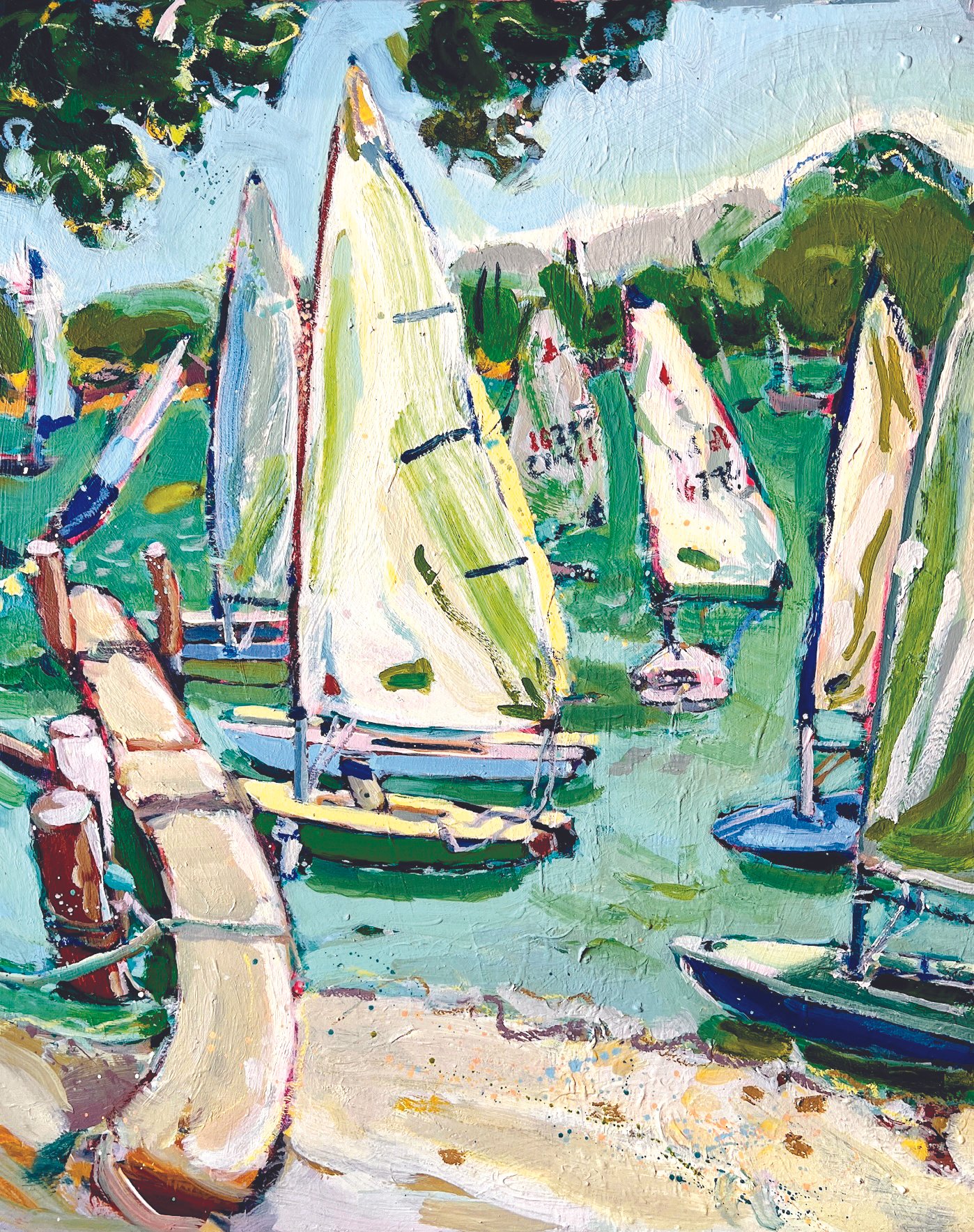 An impressionist painting of a marina scene with sailboats docked, green trees, and mountains in the background, using vibrant brushstrokes and bright colors.