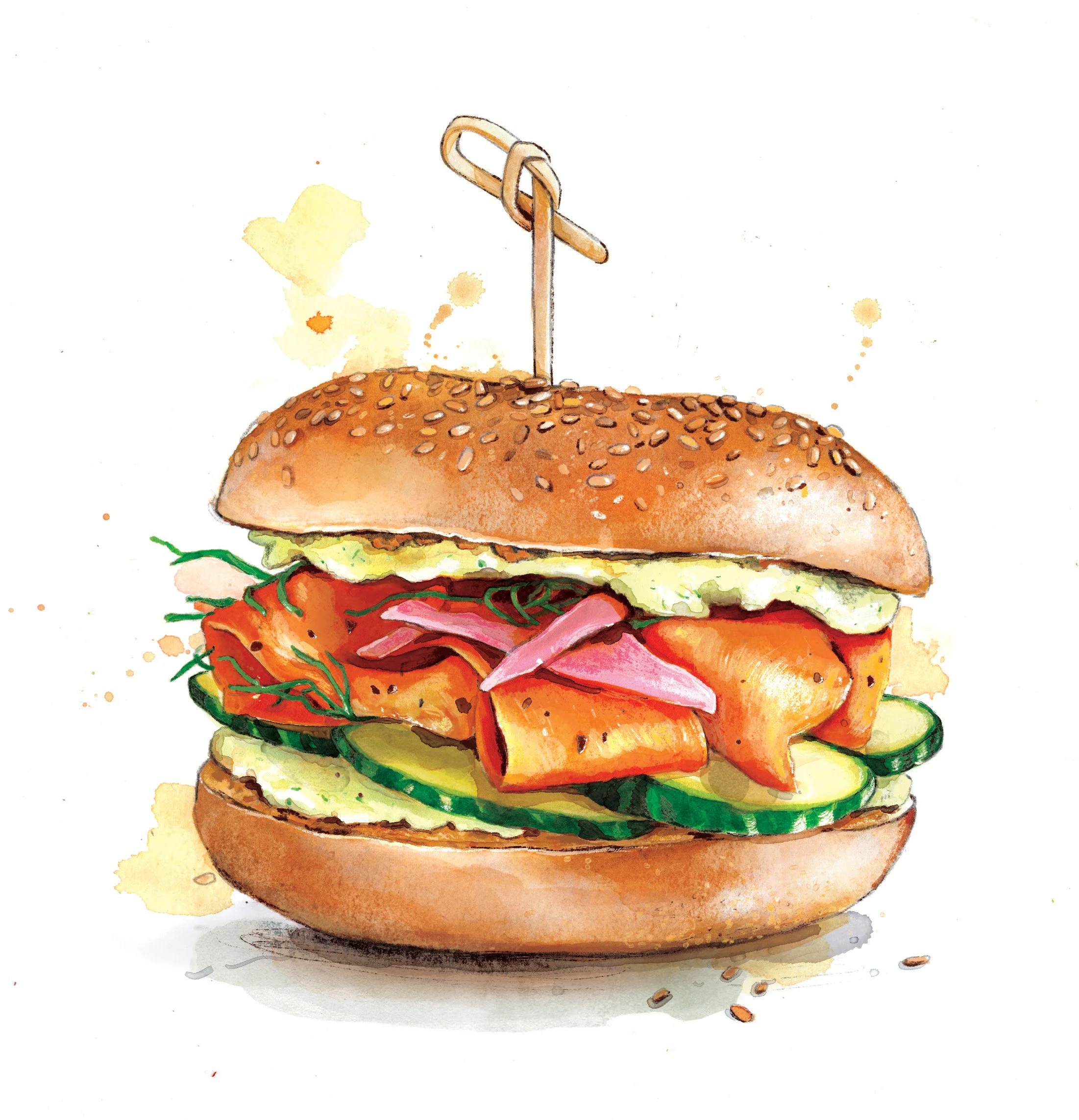 loose watercolour of a smoked salmon bagel