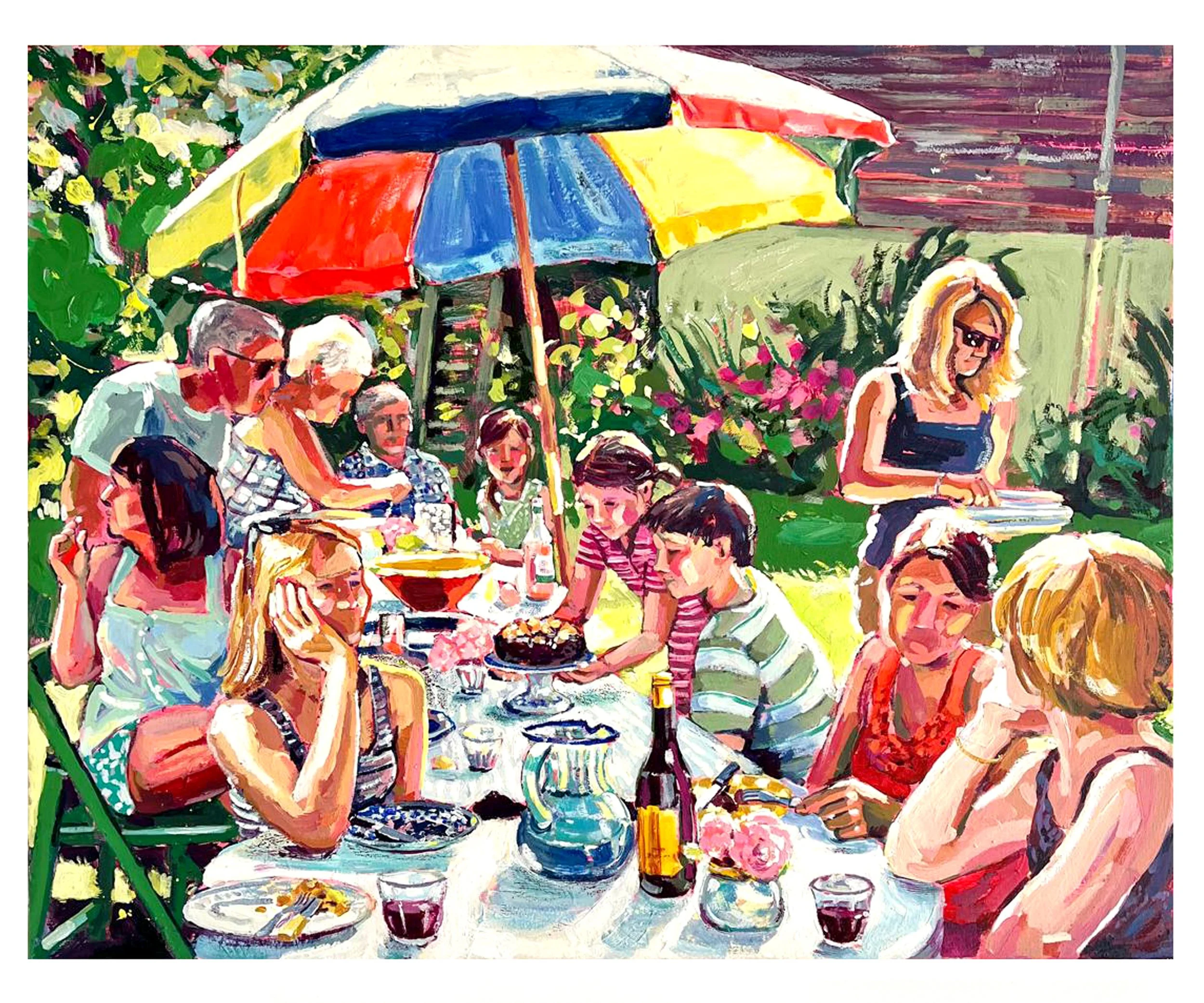 A colorful painting of people gathered outdoors under a large, multi-colored striped umbrella, with lush green plants and a wooden fence in the background.