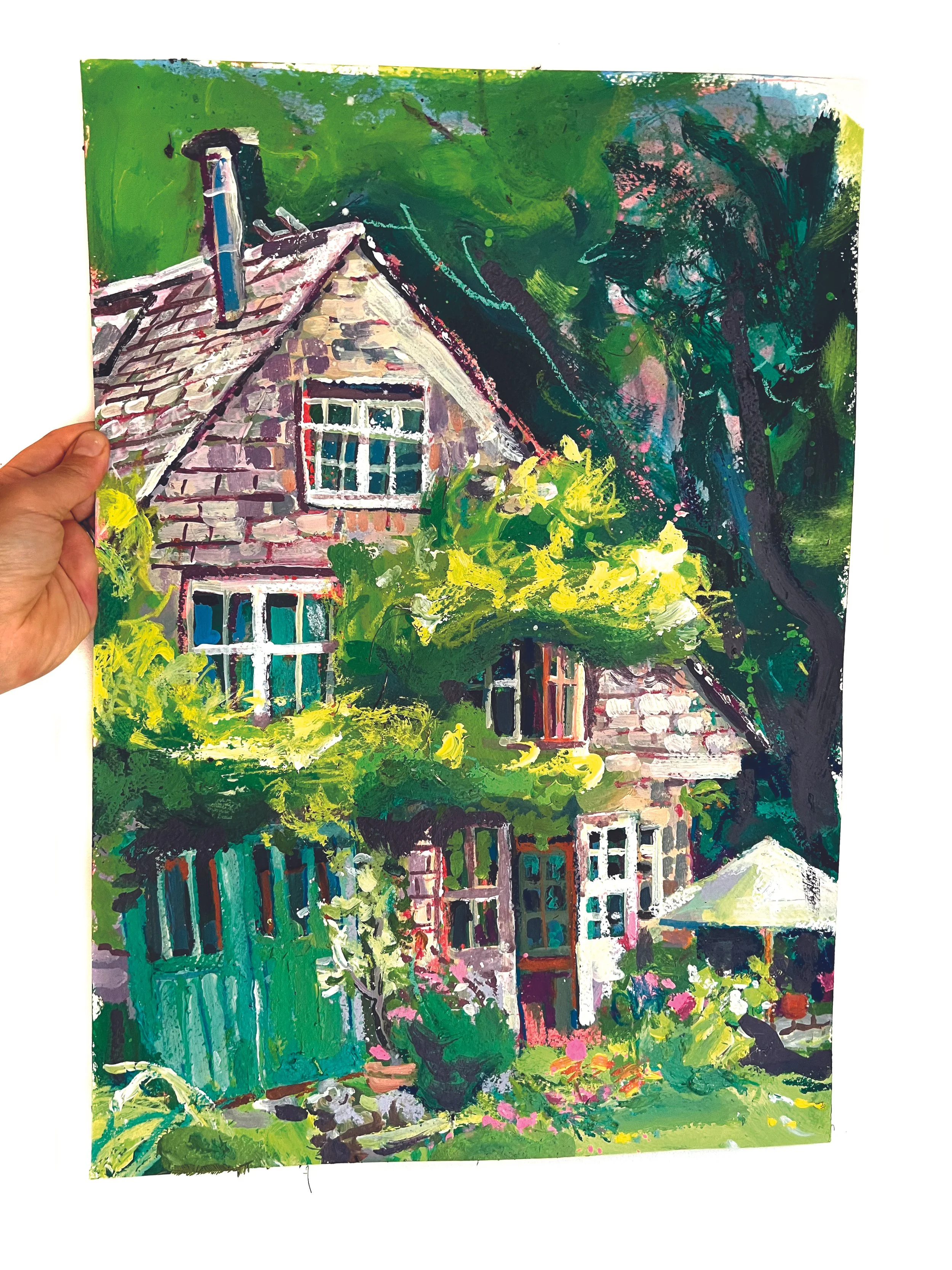 A colorful impressionistic painting of a house with a steep roof, multiple windows, and lush greenery surrounding it. Bright green and yellow foliage, dark trees, and a vibrant garden are depicted.