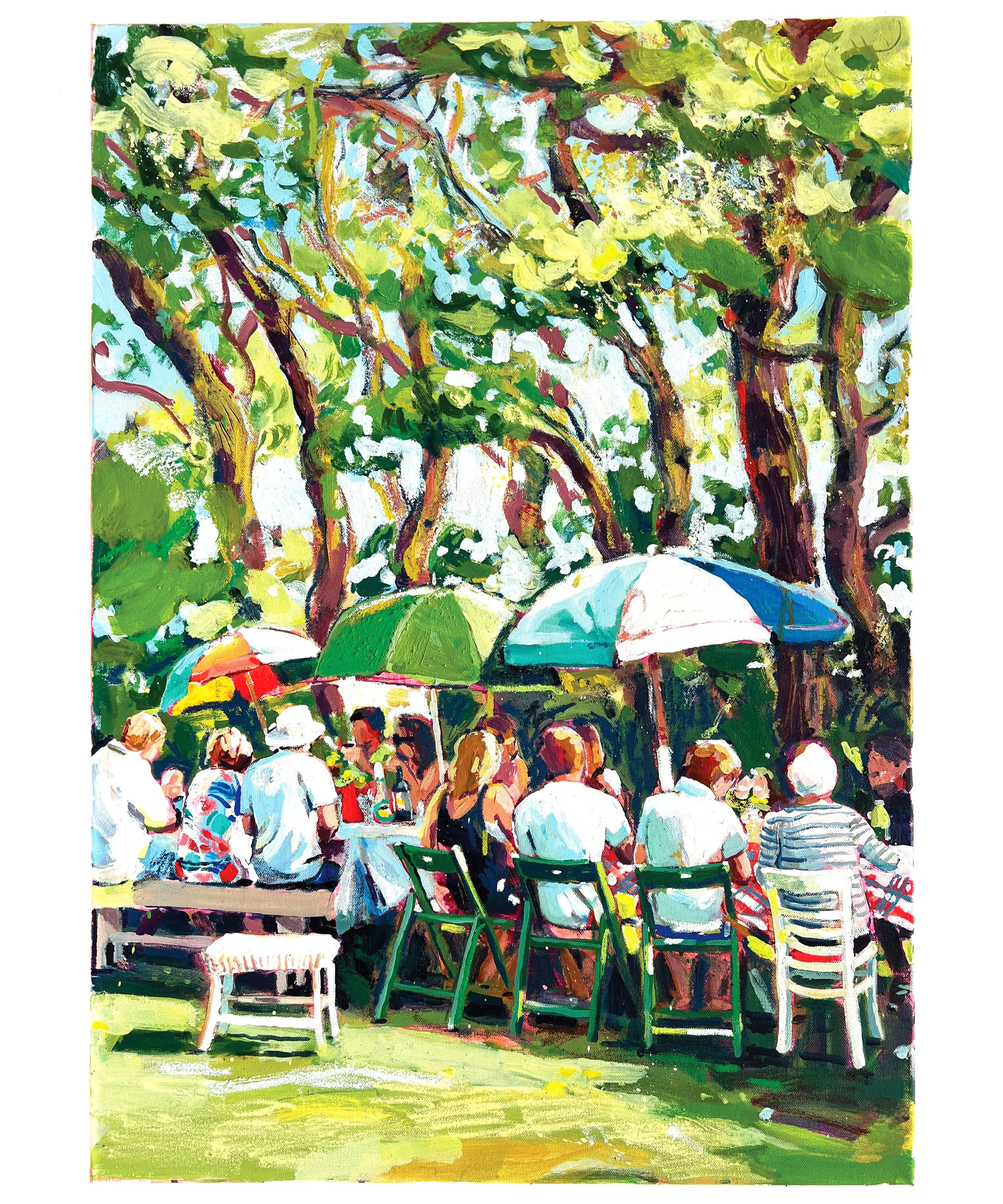 Painted scene of an outdoor gathering with people sitting under umbrellas, trees, and chairs, in a park or garden setting.