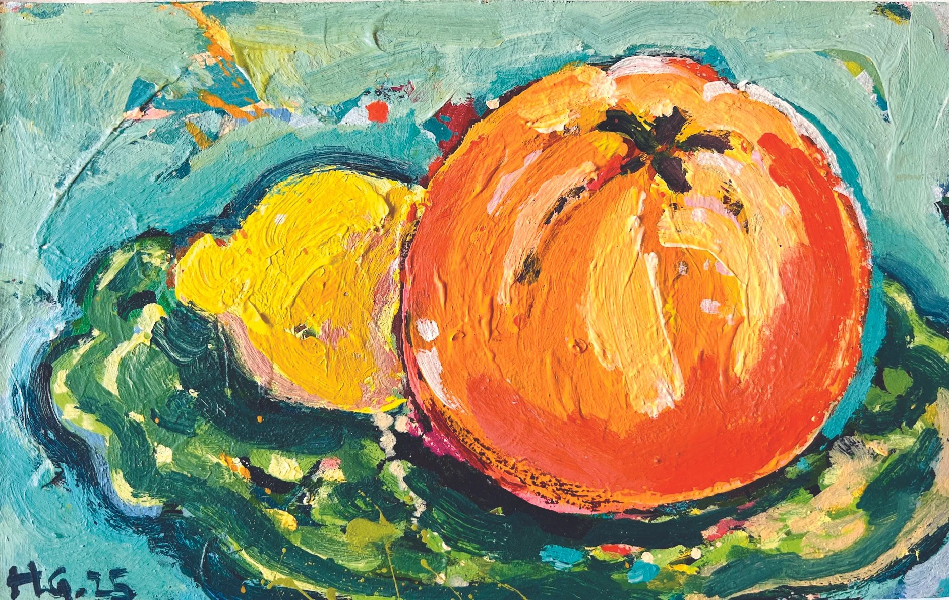 Bold and colorful abstract painting of two pumpkins, one orange and one yellow, with green and blue background, painted with thick, expressive brushstrokes.