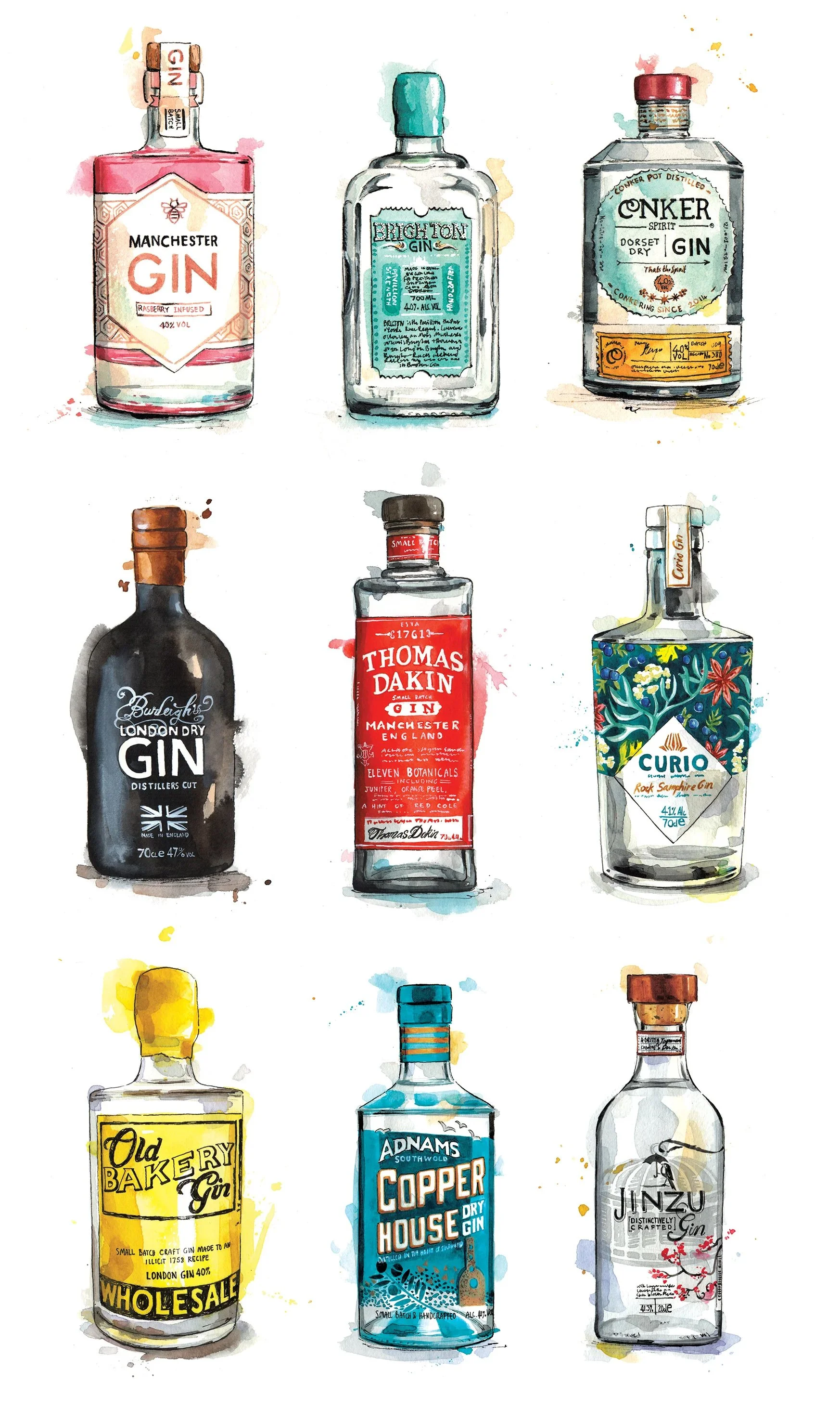 loose watercolour of gin bottles