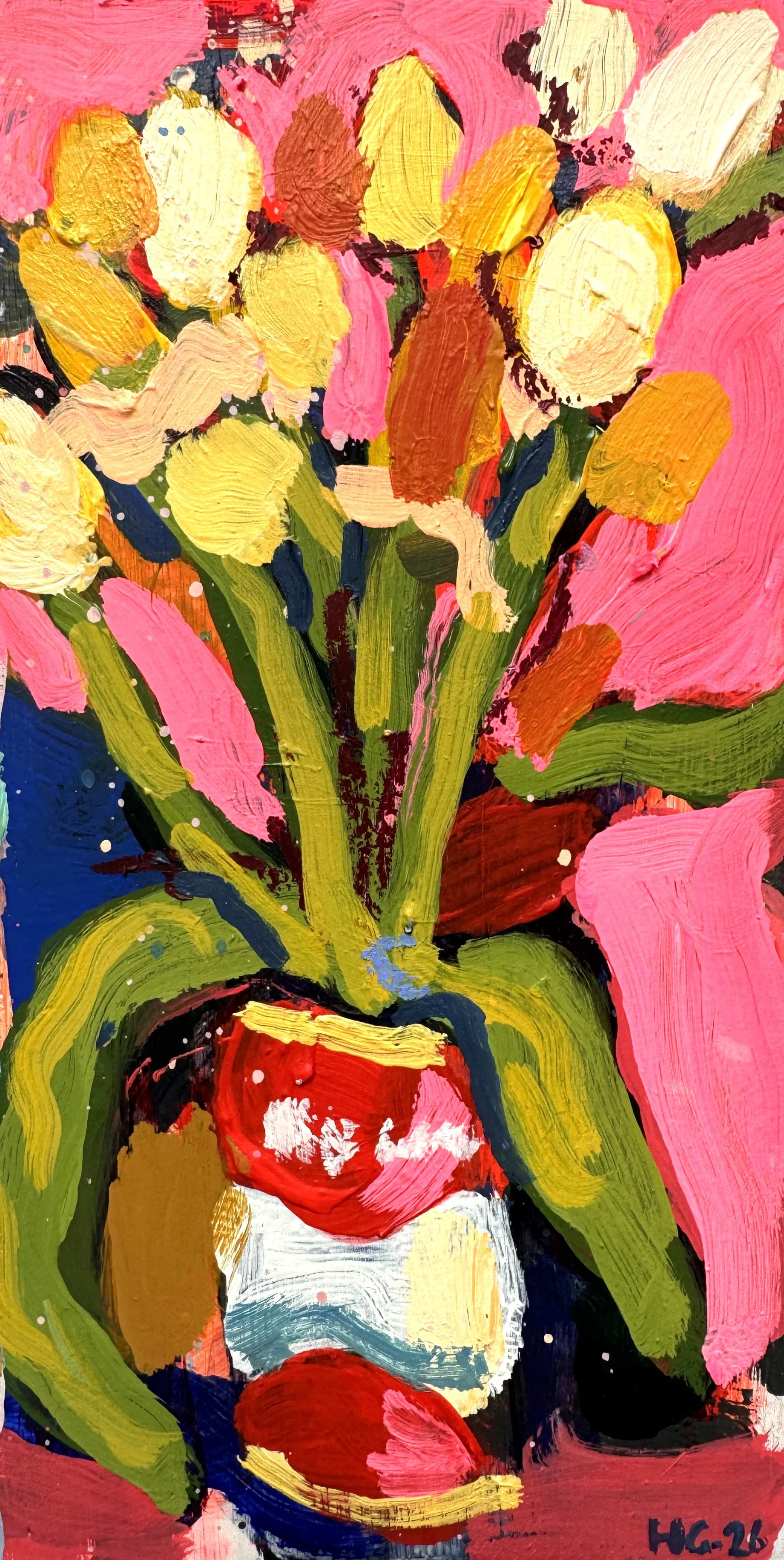 An abstract acrylic painting of a potted plant with yellow, orange, pink, and white flowers, and green leaves against a pink background.