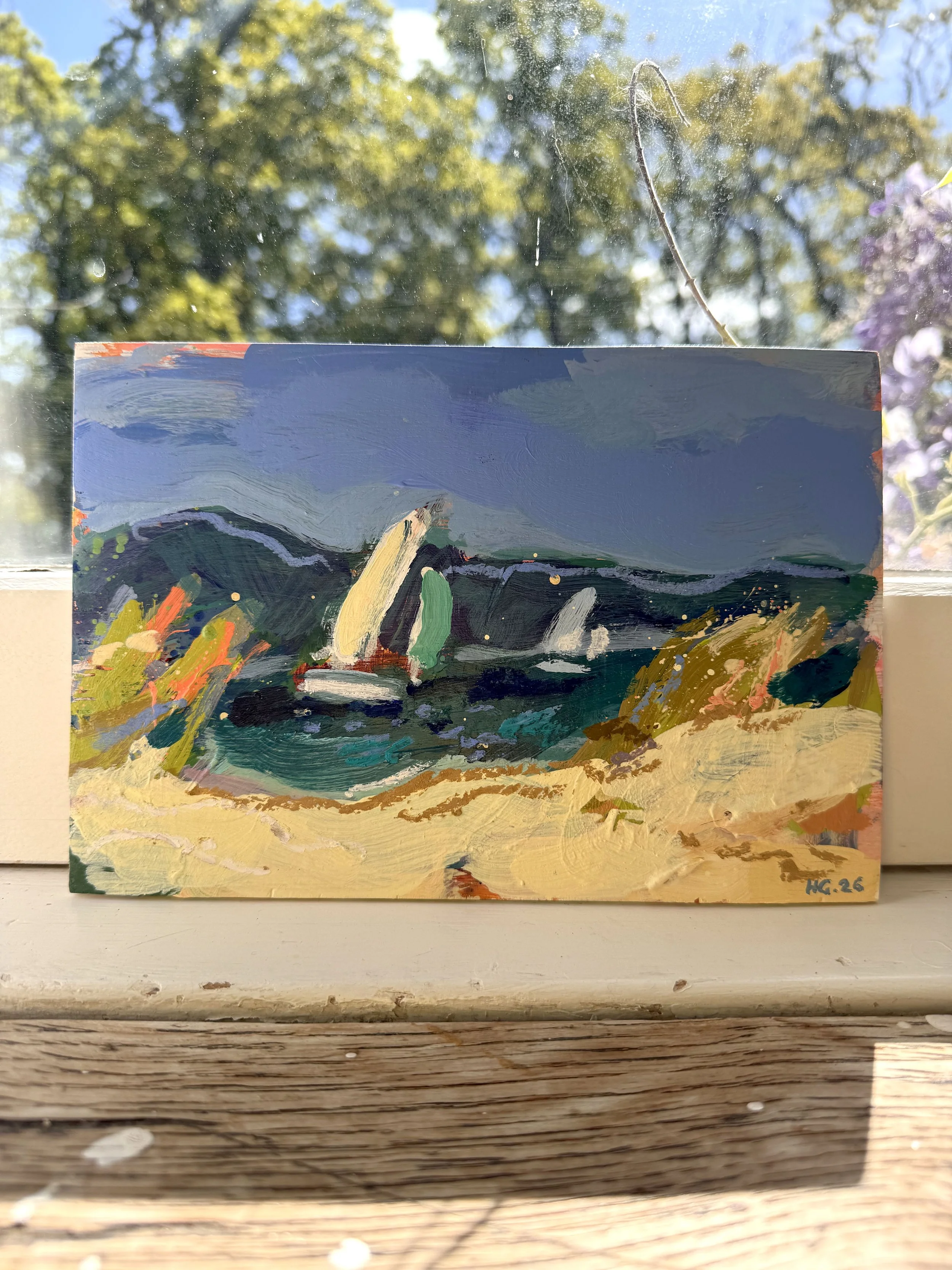 A small, abstract landscape painting on a canvas with vibrant, bold strokes of yellow, green, blue, black, and white paint, signed "HG 26" in the bottom right corner.